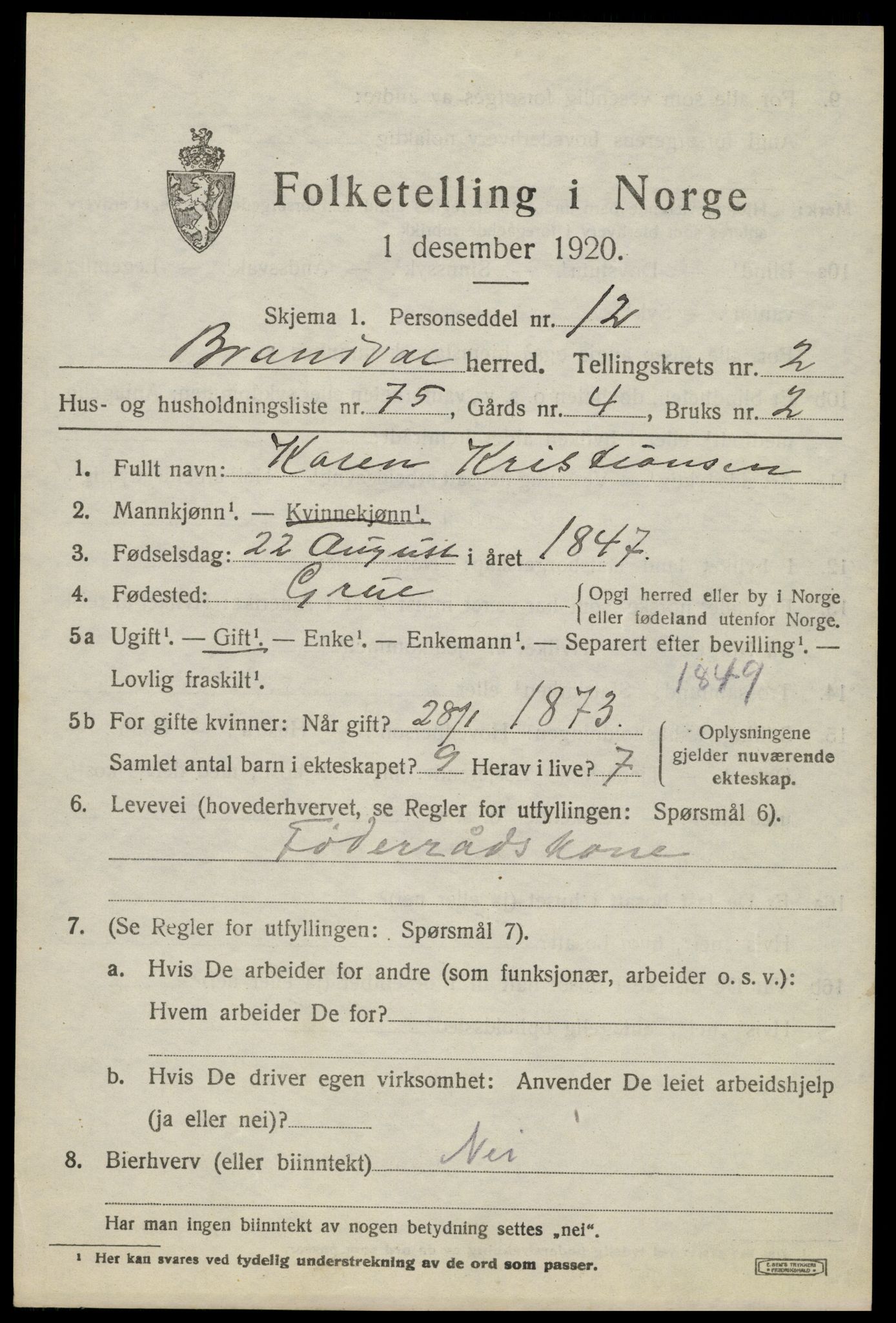 SAH, 1920 census for Brandval, 1920, p. 3002