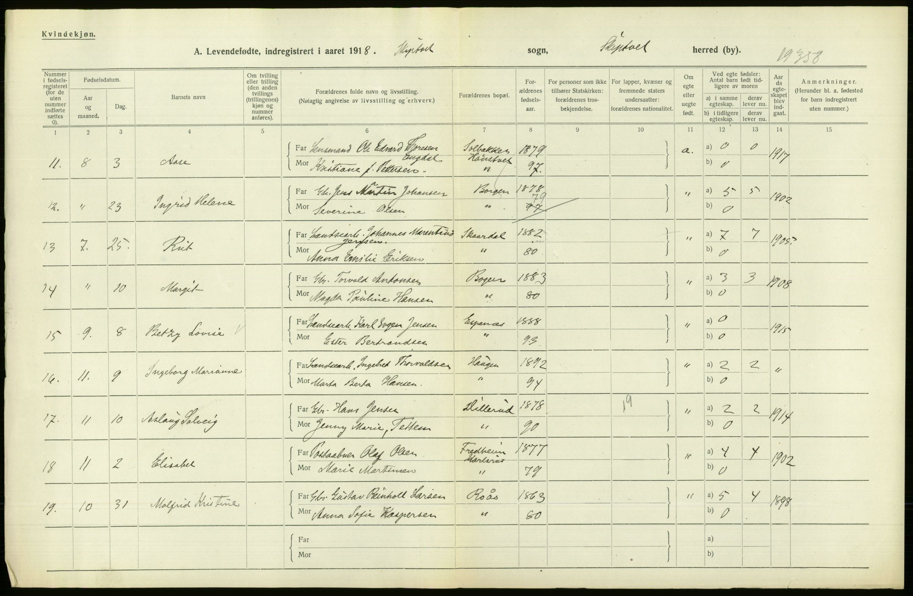 Statistisk sentralbyrå, Sosiodemografiske emner, Befolkning, RA/S-2228/D/Df/Dfb/Dfbh/L0001: Østfold fylke: Levendefødte menn og kvinner. Bygder., 1918, p. 336