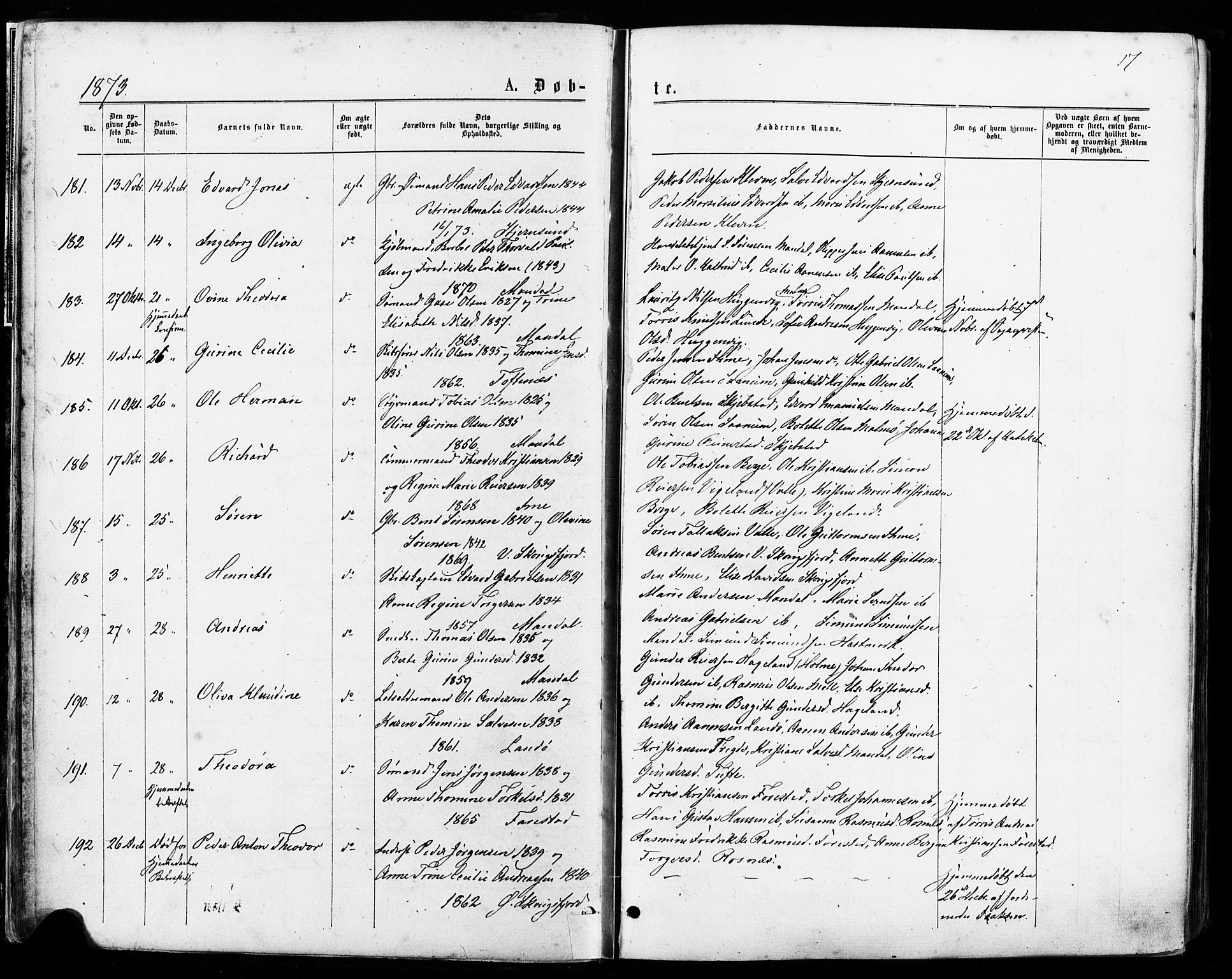 Mandal sokneprestkontor, SAK/1111-0030/F/Fa/Faa/L0015: Parish register (official) no. A 15, 1873-1879, p. 17