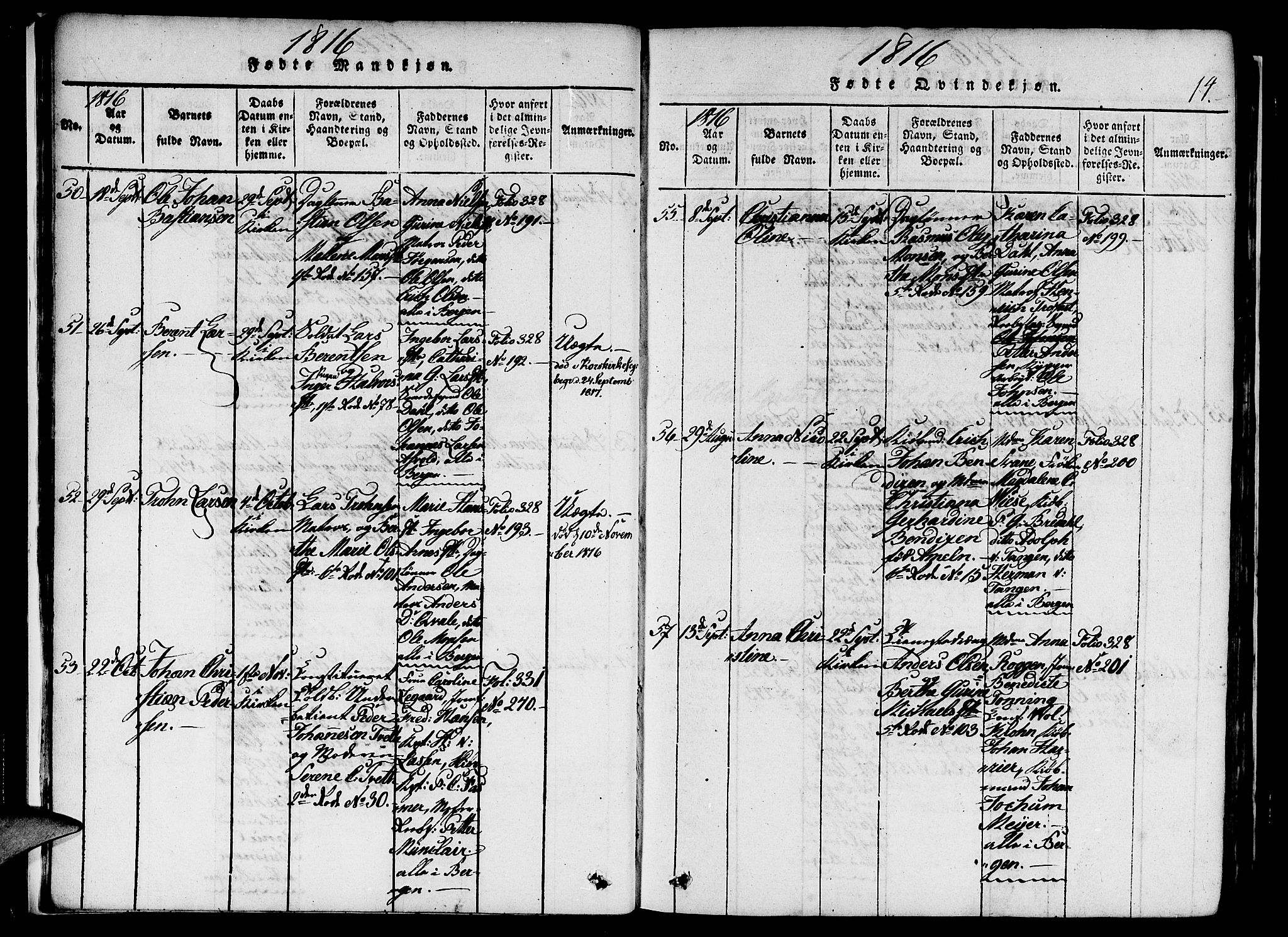 Nykirken Sokneprestembete, AV/SAB-A-77101/H/Haa/L0011: Parish register (official) no. A 11, 1816-1821, p. 14