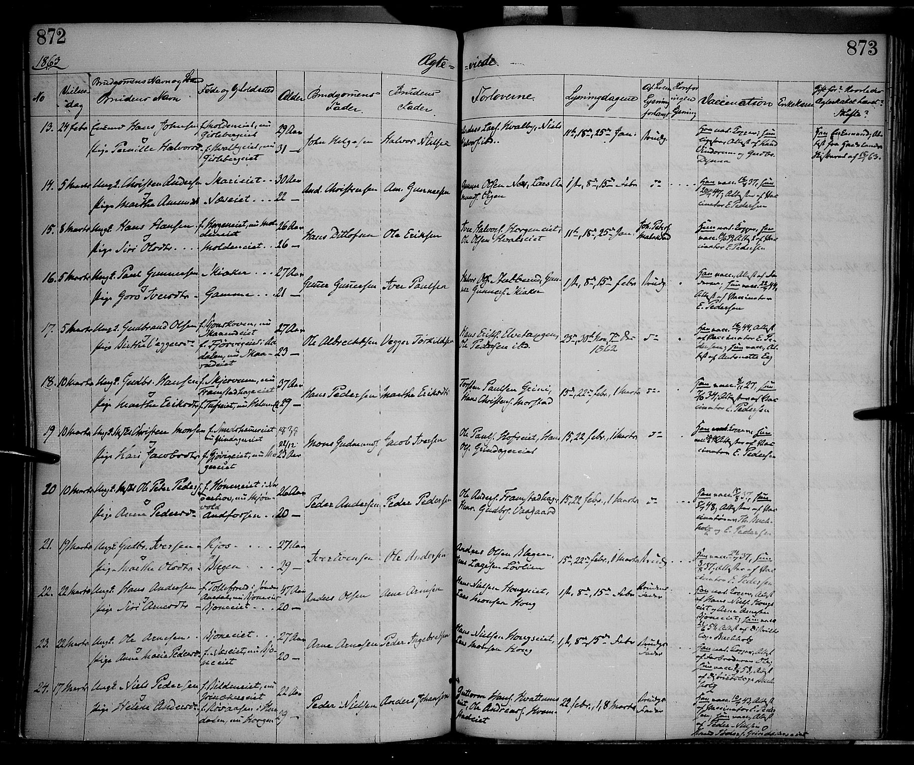 Gran prestekontor, SAH/PREST-112/H/Ha/Haa/L0012: Parish register (official) no. 12, 1856-1874, p. 872-873
