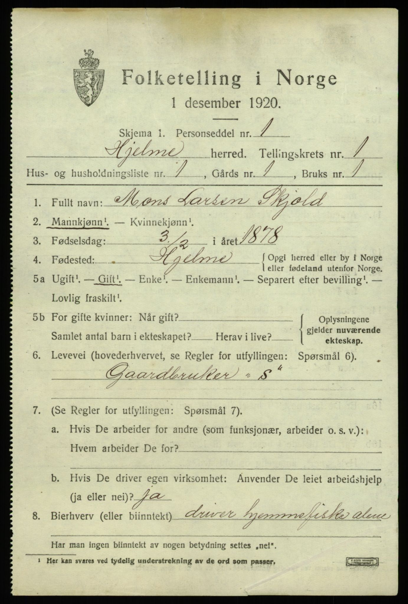 SAB, 1920 census for Hjelme, 1920, p. 354