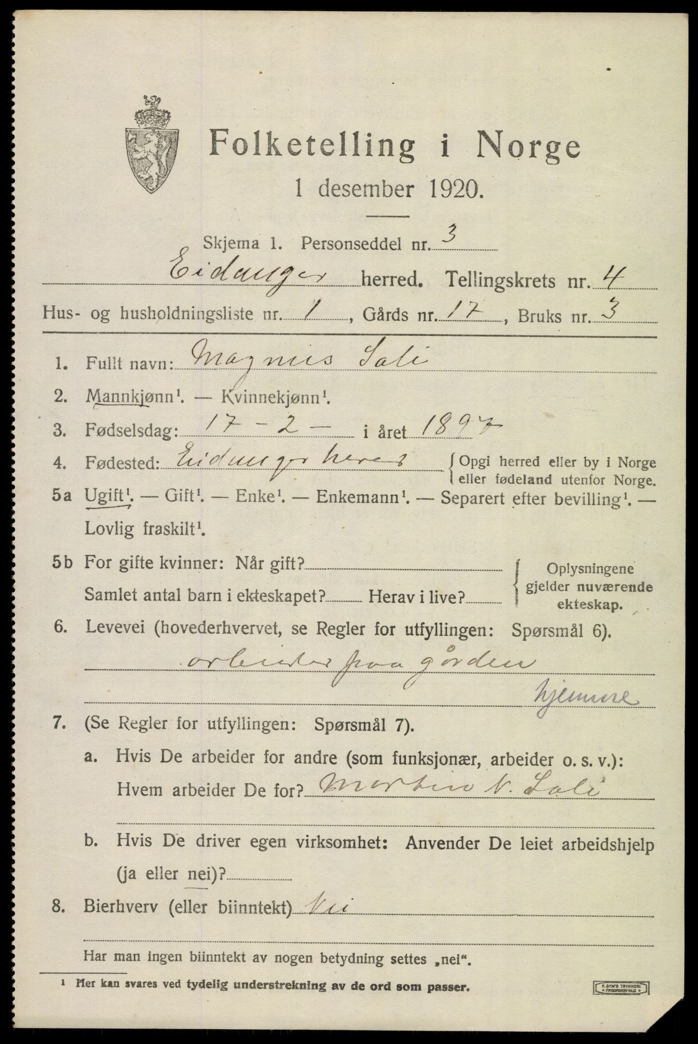 SAKO, 1920 census for Eidanger, 1920, p. 3896