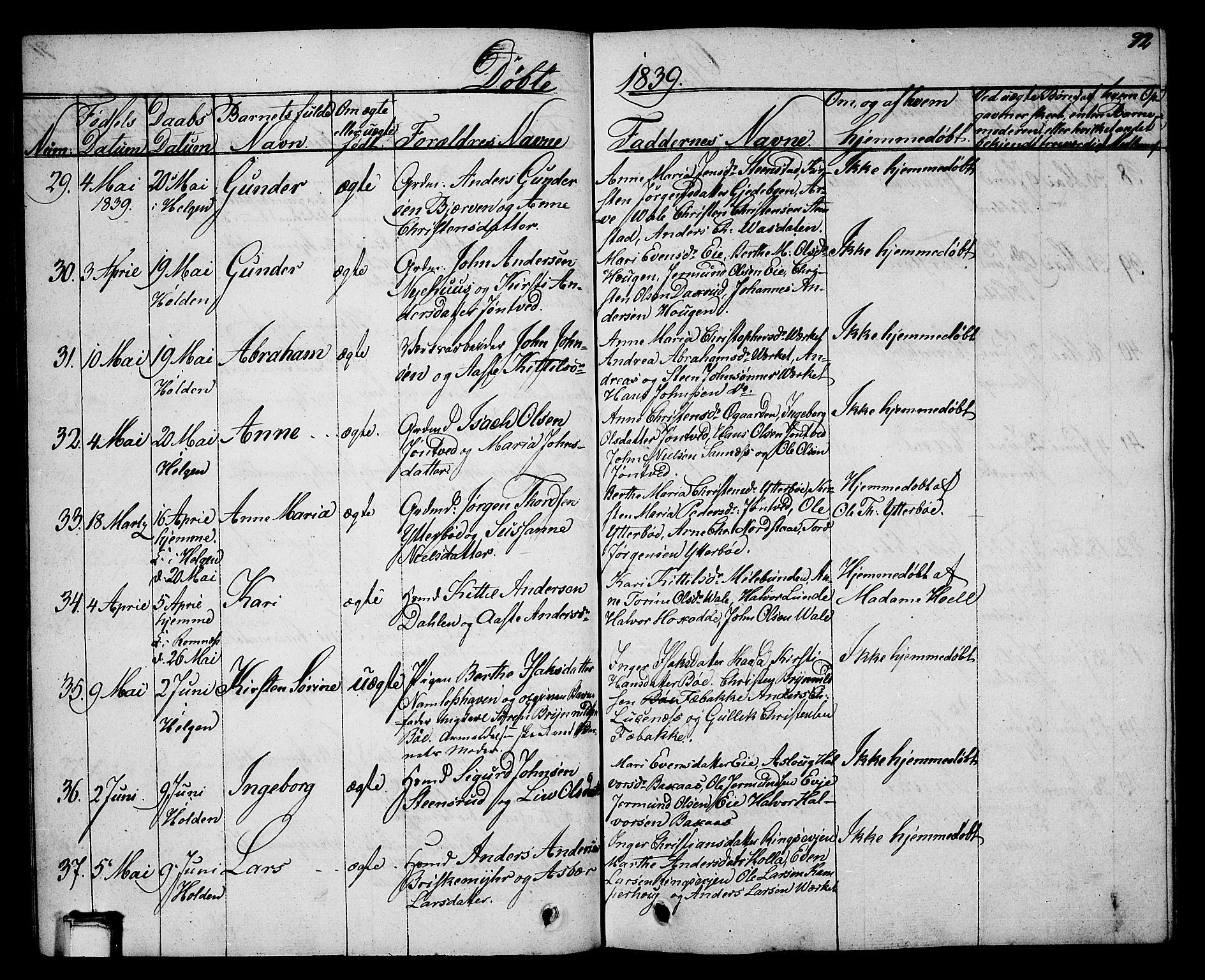 Holla kirkebøker, AV/SAKO-A-272/G/Ga/L0002: Parish register (copy) no. I 2, 1830-1848, p. 92