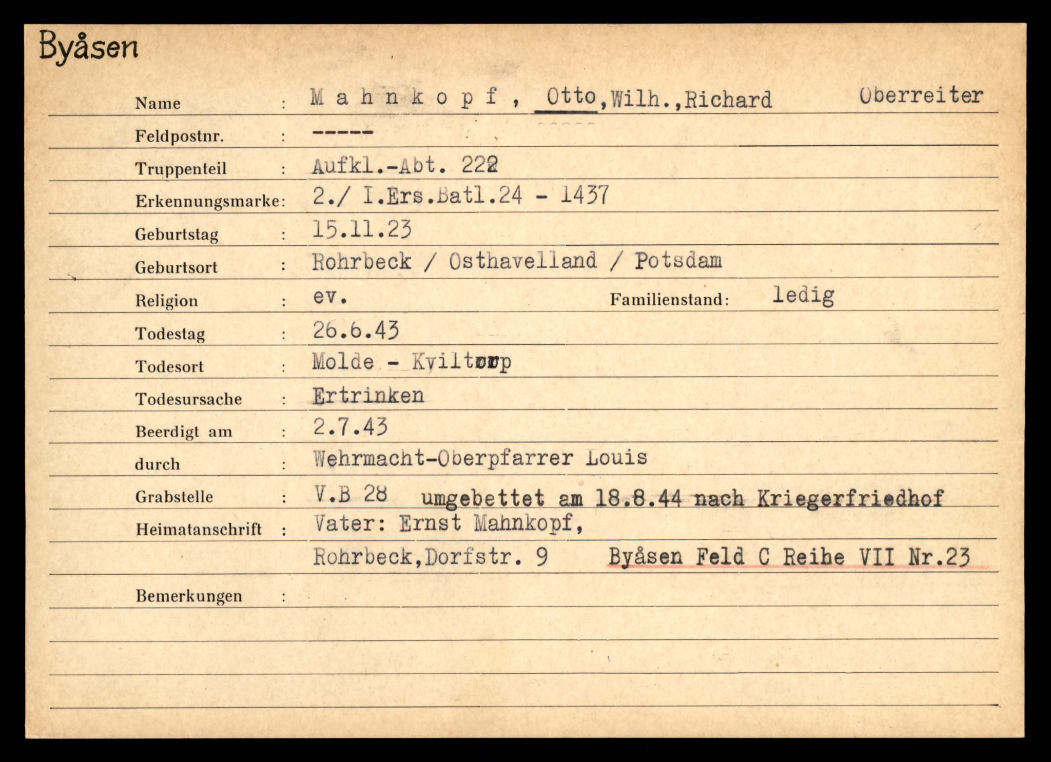 Distriktskontoret for krigsgraver, AV/SAT-A-5030/E/L0004: Kasett/kartotek over tysk Krigskirkegård på Byåsen, 1945, p. 1067