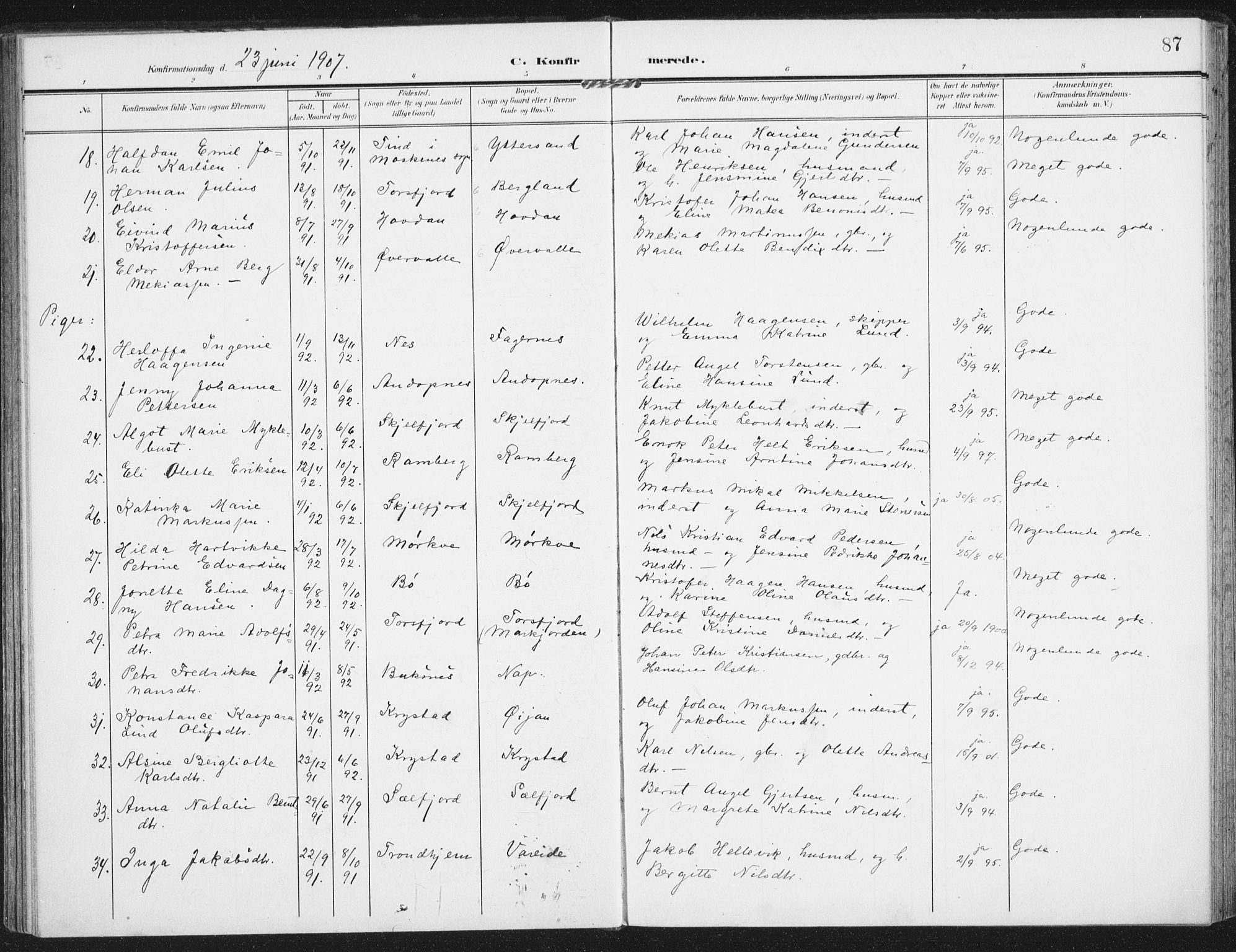 Ministerialprotokoller, klokkerbøker og fødselsregistre - Nordland, SAT/A-1459/885/L1206: Parish register (official) no. 885A07, 1905-1915, p. 87