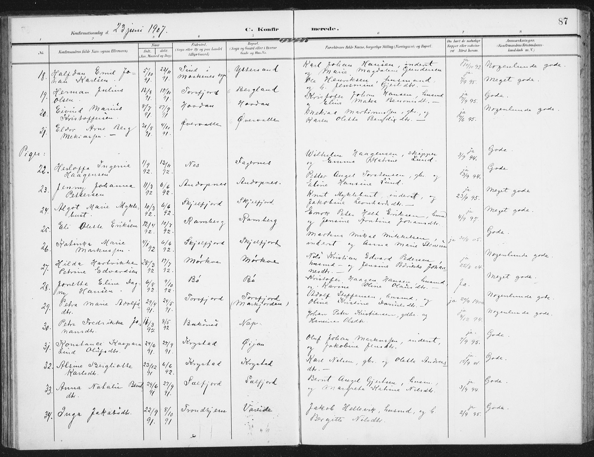 Ministerialprotokoller, klokkerbøker og fødselsregistre - Nordland, AV/SAT-A-1459/885/L1206: Parish register (official) no. 885A07, 1905-1915, p. 87