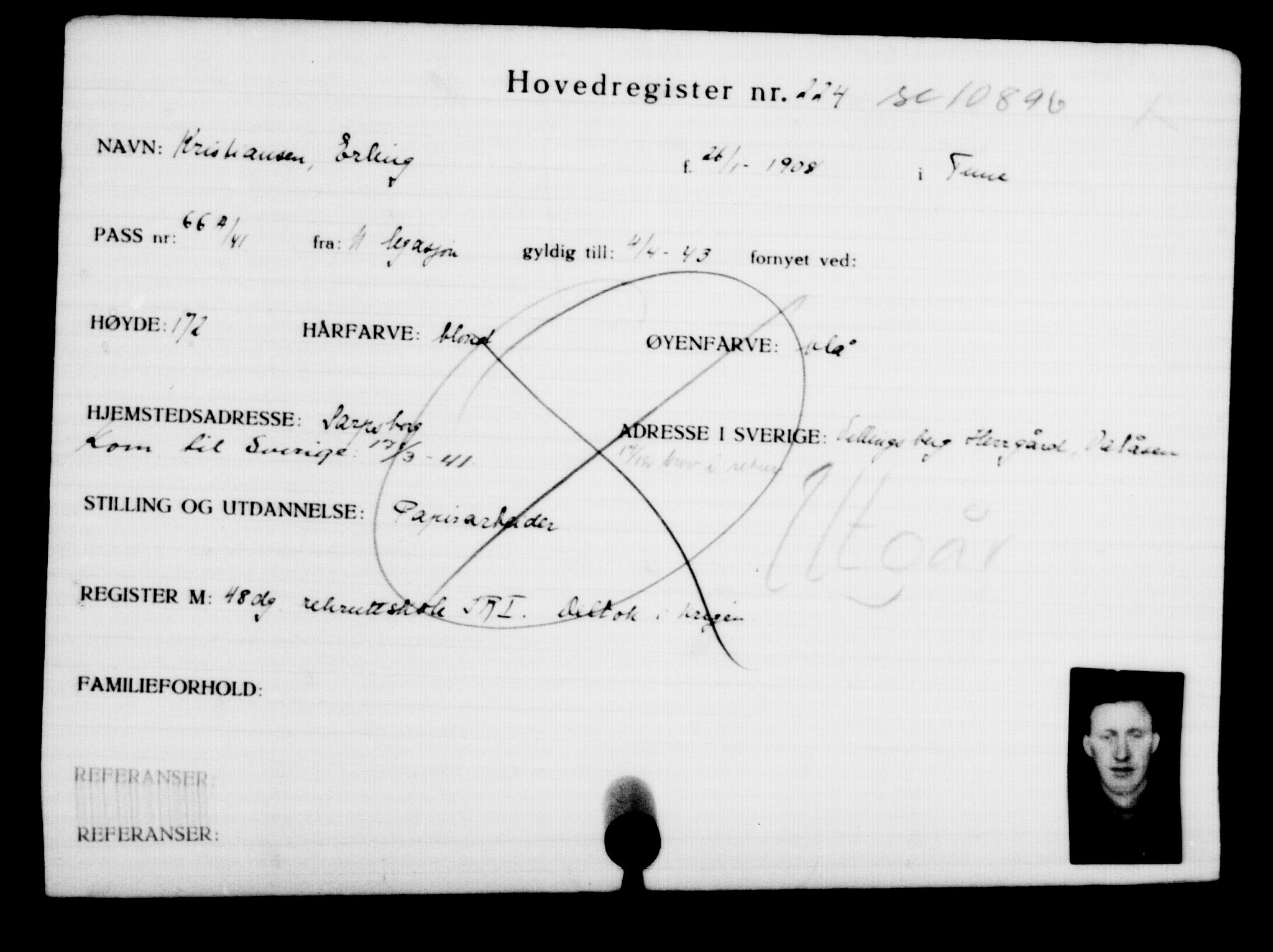 Utenriksstasjonene, Legasjonen i Stockholm, Flyktningkontoret, AV/RA-S-6753/V/Va/L0001: Kjesäterkartoteket, flyktninger med registreringsnr. 1-1000, 1940-1945, p. 361