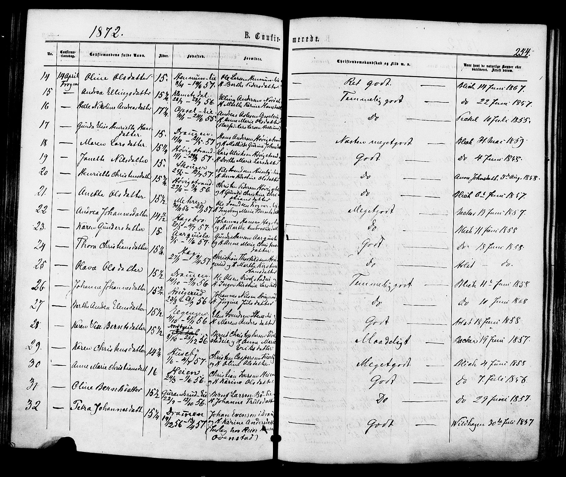 Lier kirkebøker, AV/SAKO-A-230/F/Fa/L0013: Parish register (official) no. I 13, 1865-1874, p. 254