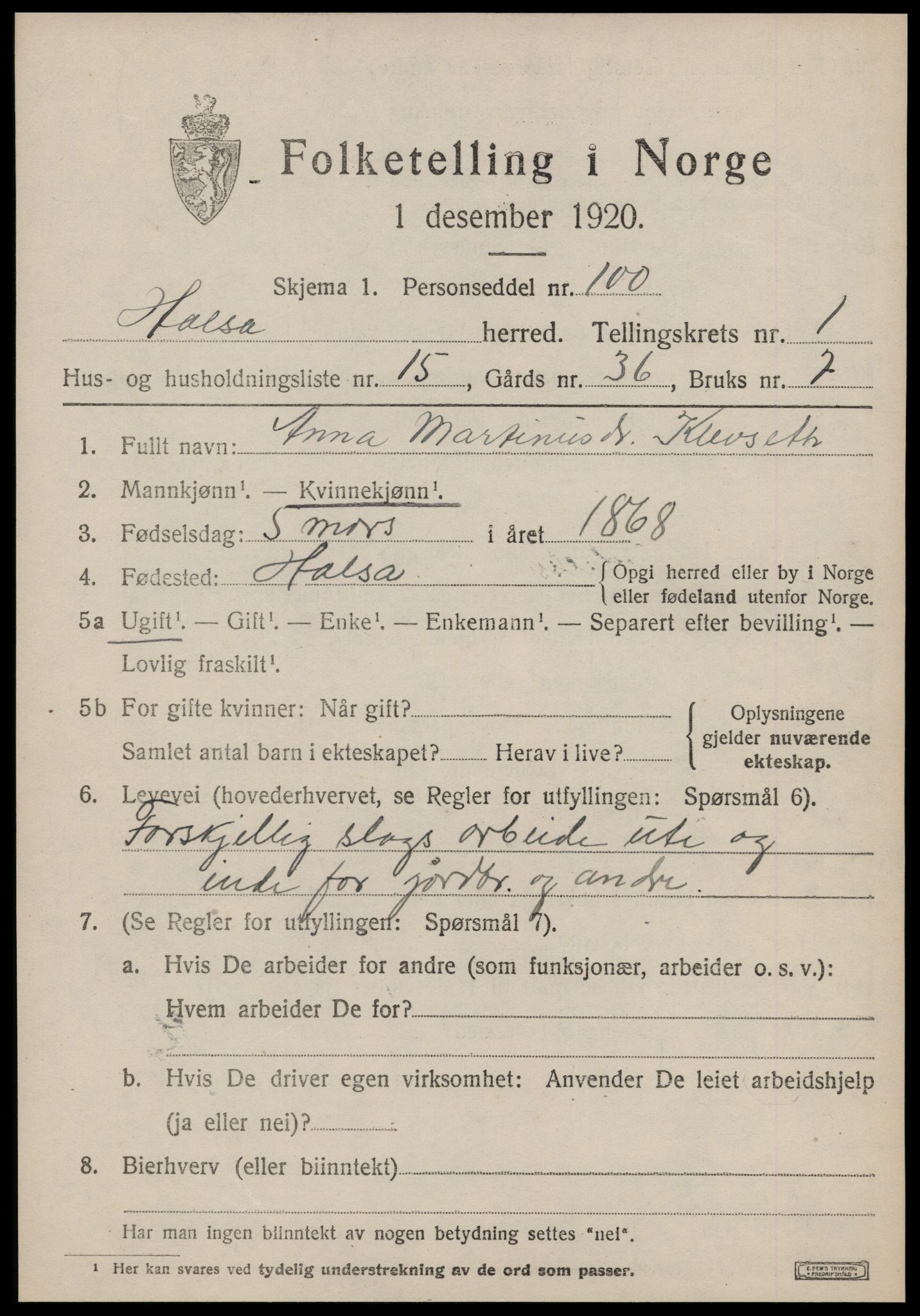 SAT, 1920 census for Halsa, 1920, p. 642