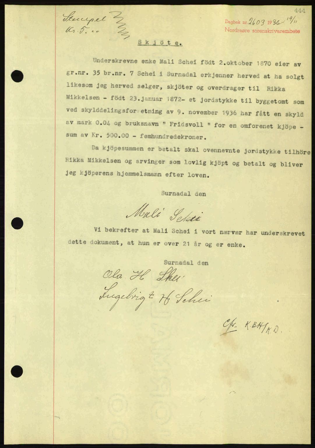 Nordmøre sorenskriveri, AV/SAT-A-4132/1/2/2Ca: Mortgage book no. A80, 1936-1937, Diary no: : 2603/1936