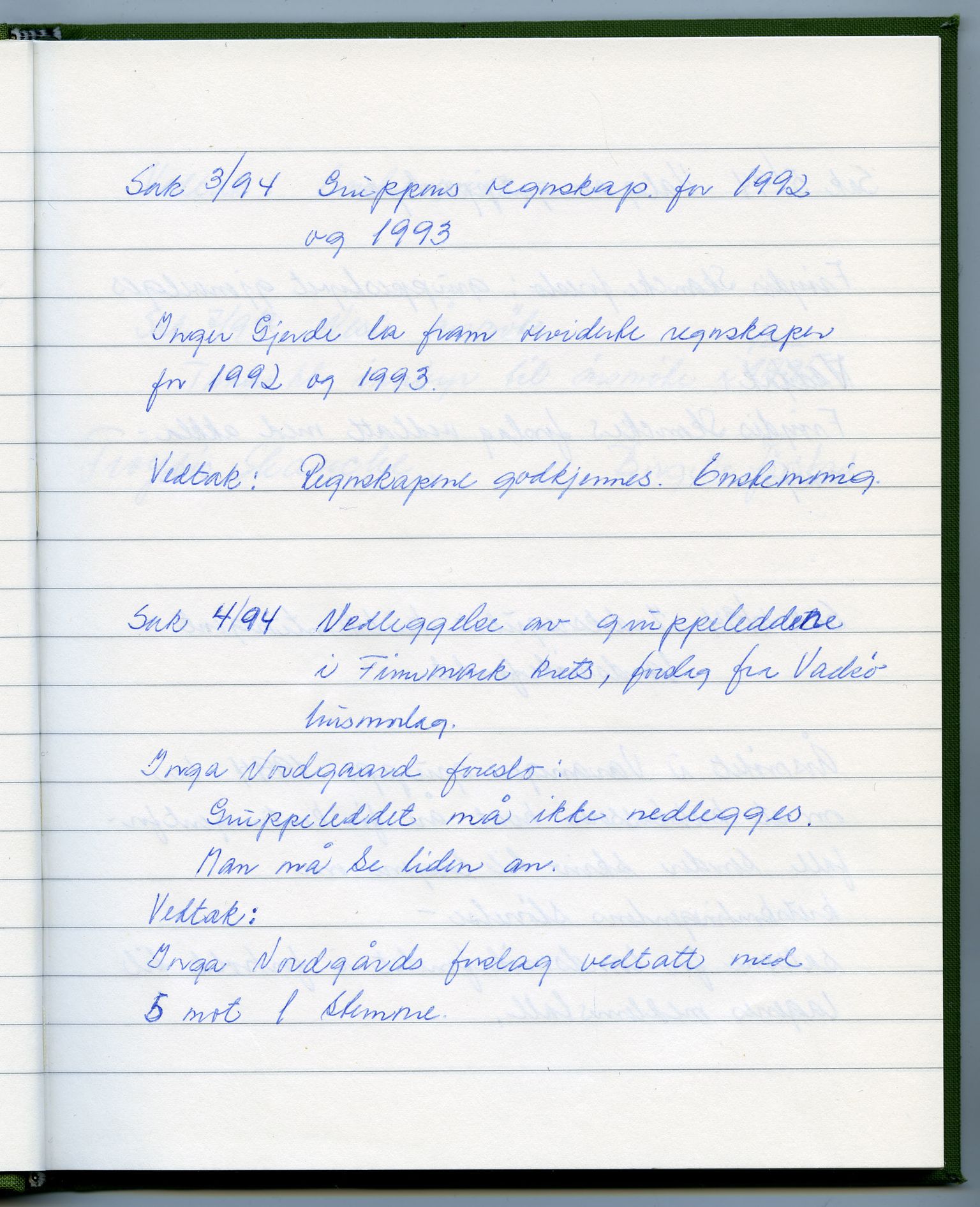 Finnmark krets av Norges Kvinne- og familieforbund, FMFB/A-1233/A/Ac/L0014: Protokoll for gruppemøte Ishavsgruppen 1990-1994, 1990-1994