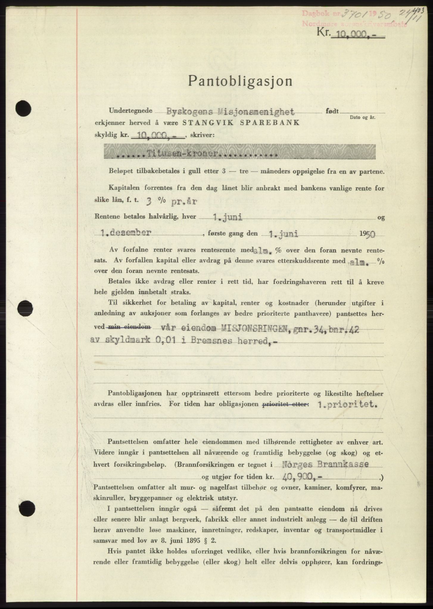 Nordmøre sorenskriveri, AV/SAT-A-4132/1/2/2Ca: Mortgage book no. B106, 1950-1950, Diary no: : 3701/1950