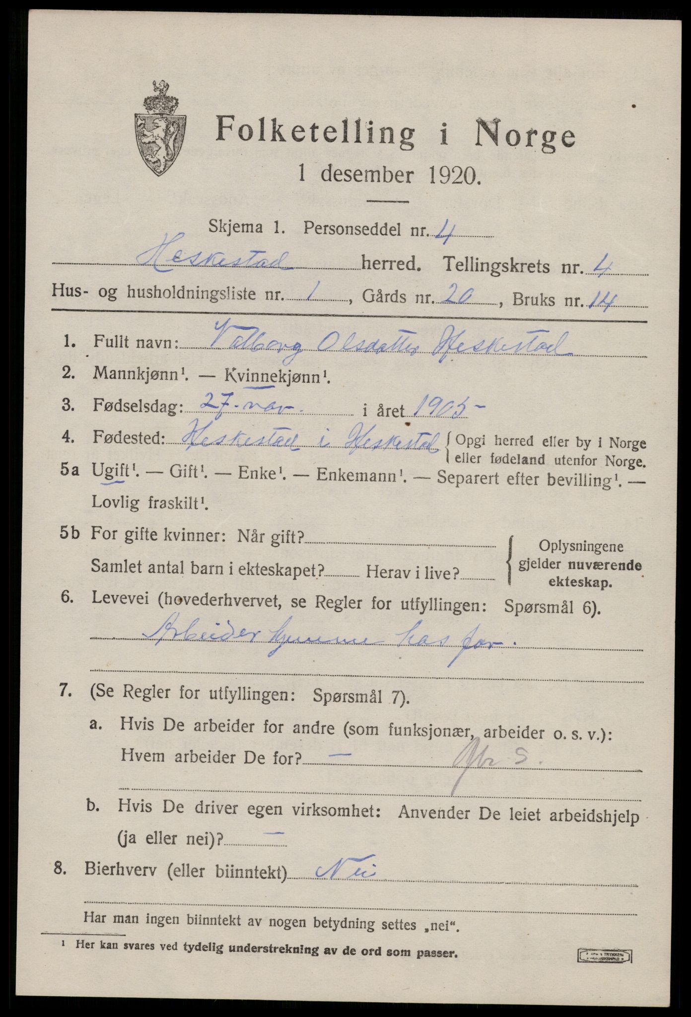 SAST, 1920 census for Heskestad, 1920, p. 1425