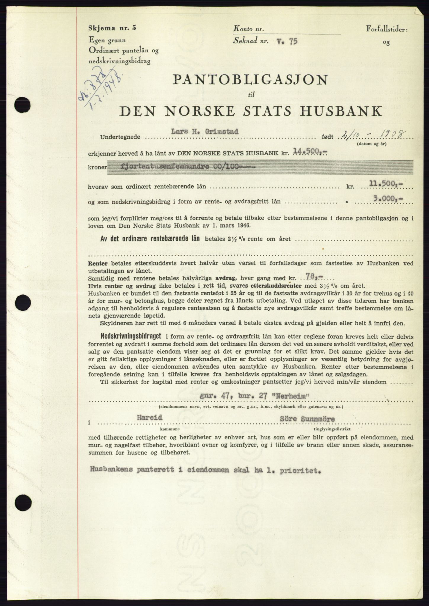 Søre Sunnmøre sorenskriveri, AV/SAT-A-4122/1/2/2C/L0116: Mortgage book no. 4B, 1948-1949, Diary no: : 878/1948