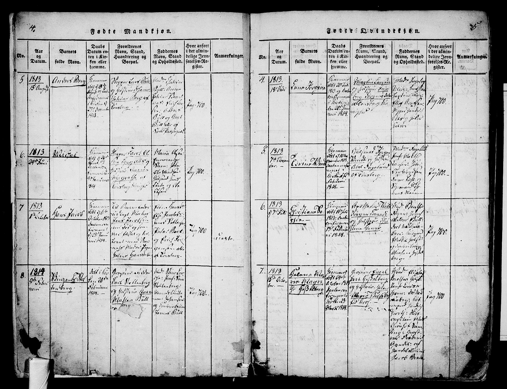 Tønsberg kirkebøker, AV/SAKO-A-330/F/Fa/L0004: Parish register (official) no. I 4, 1813-1826, p. 4-5