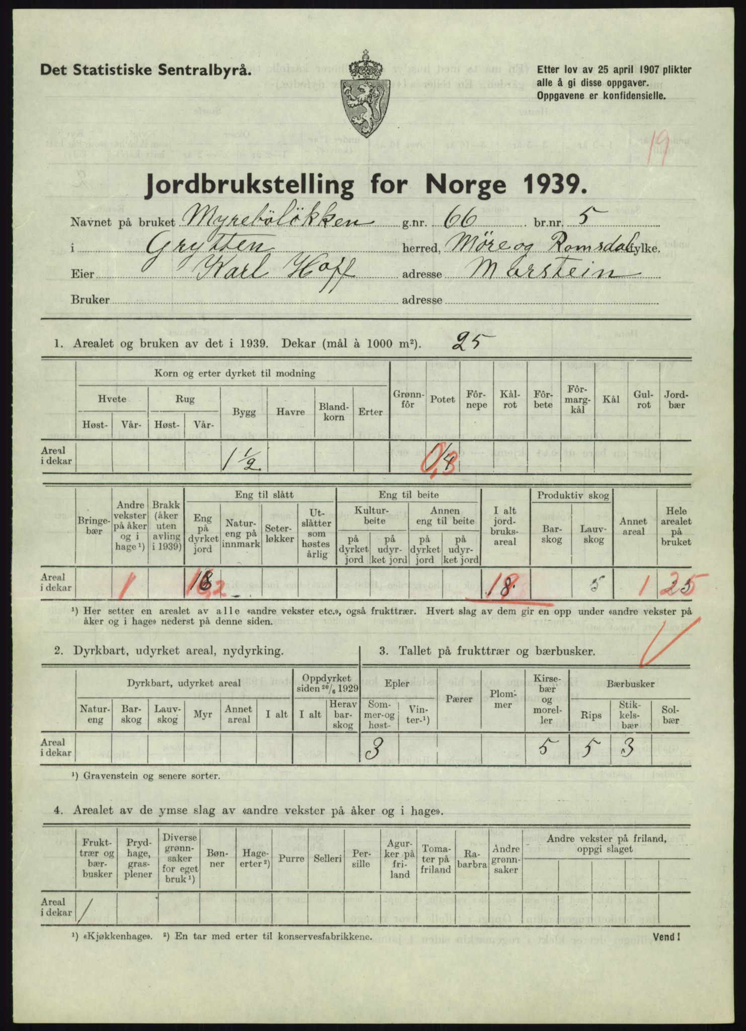 Statistisk sentralbyrå, Næringsøkonomiske emner, Jordbruk, skogbruk, jakt, fiske og fangst, AV/RA-S-2234/G/Gb/L0251: Møre og Romsdal: Voll, Eid, Grytten og Hen, 1939, p. 603