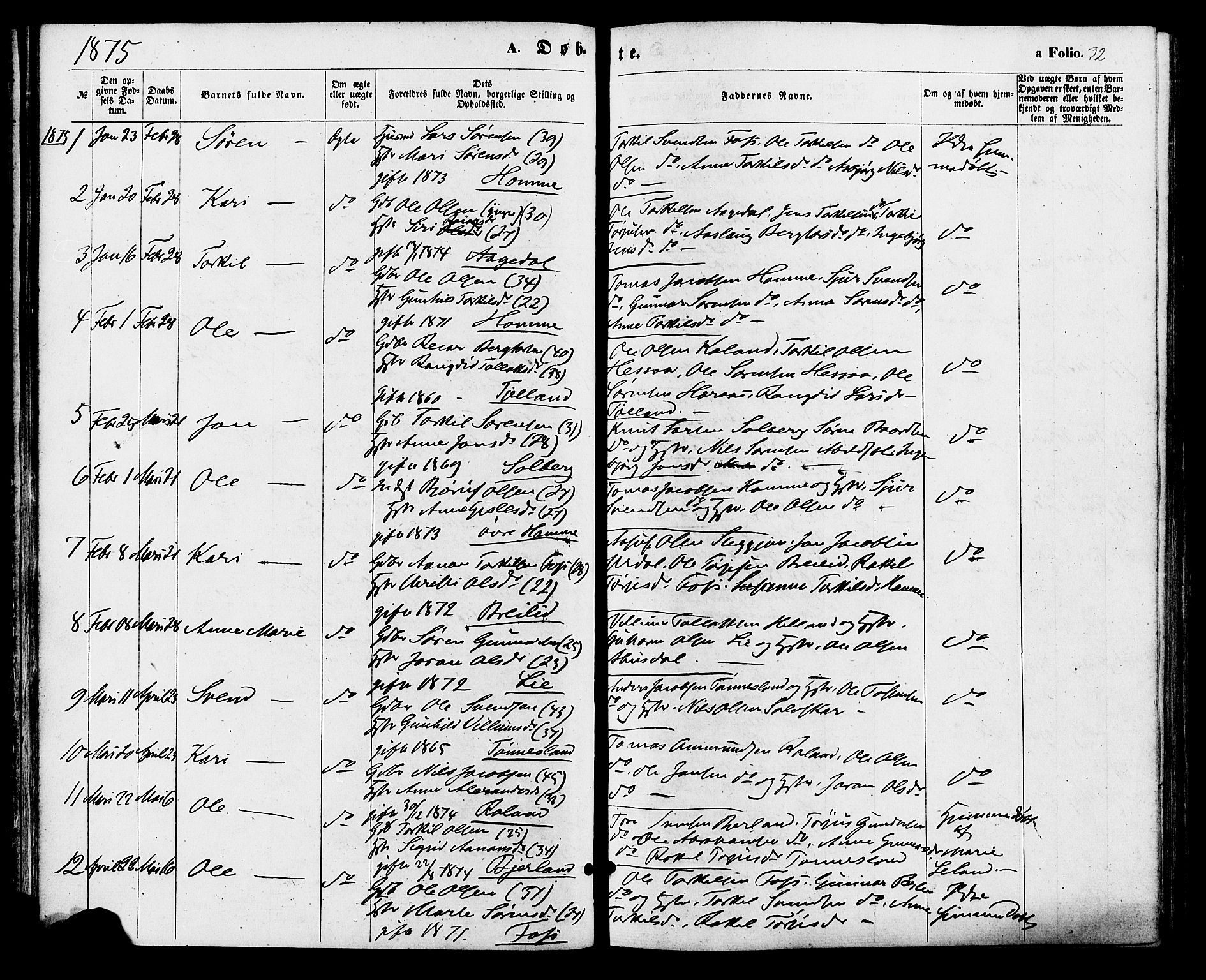 Bjelland sokneprestkontor, SAK/1111-0005/F/Fa/Faa/L0003: Parish register (official) no. A 3, 1867-1887, p. 32