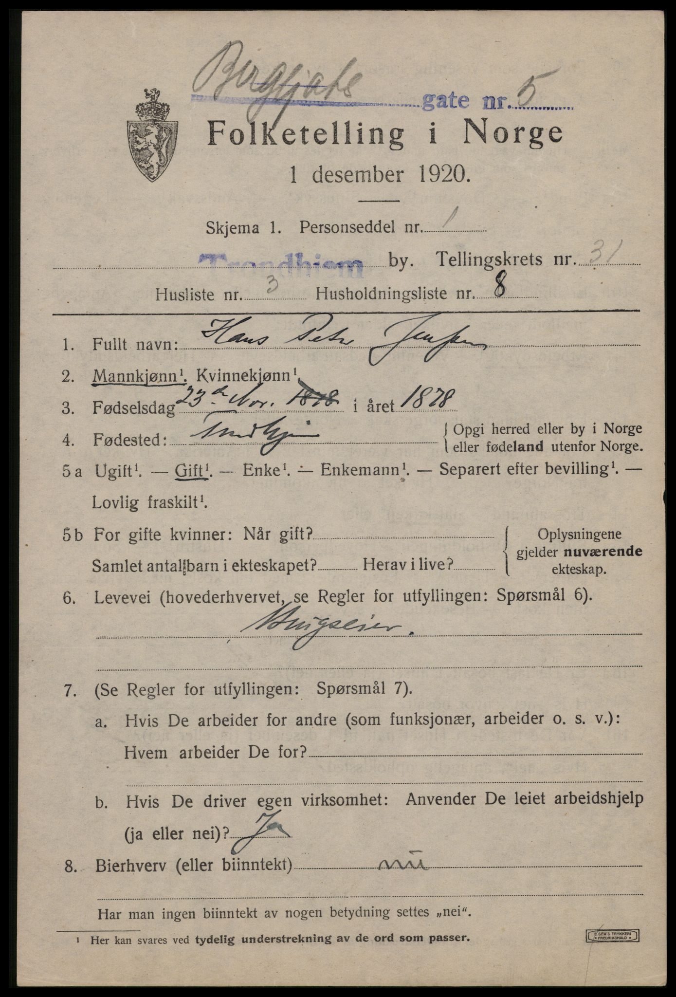 SAT, 1920 census for Trondheim, 1920, p. 74366