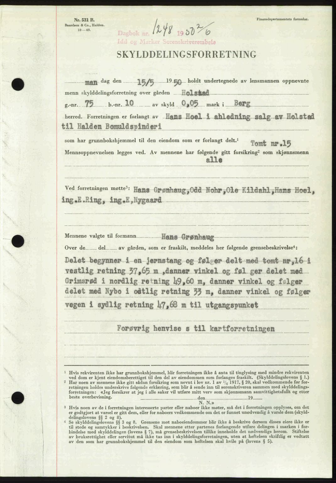 Idd og Marker sorenskriveri, AV/SAO-A-10283/G/Gb/Gbb/L0014: Mortgage book no. A14, 1950-1950, Diary no: : 1248/1950