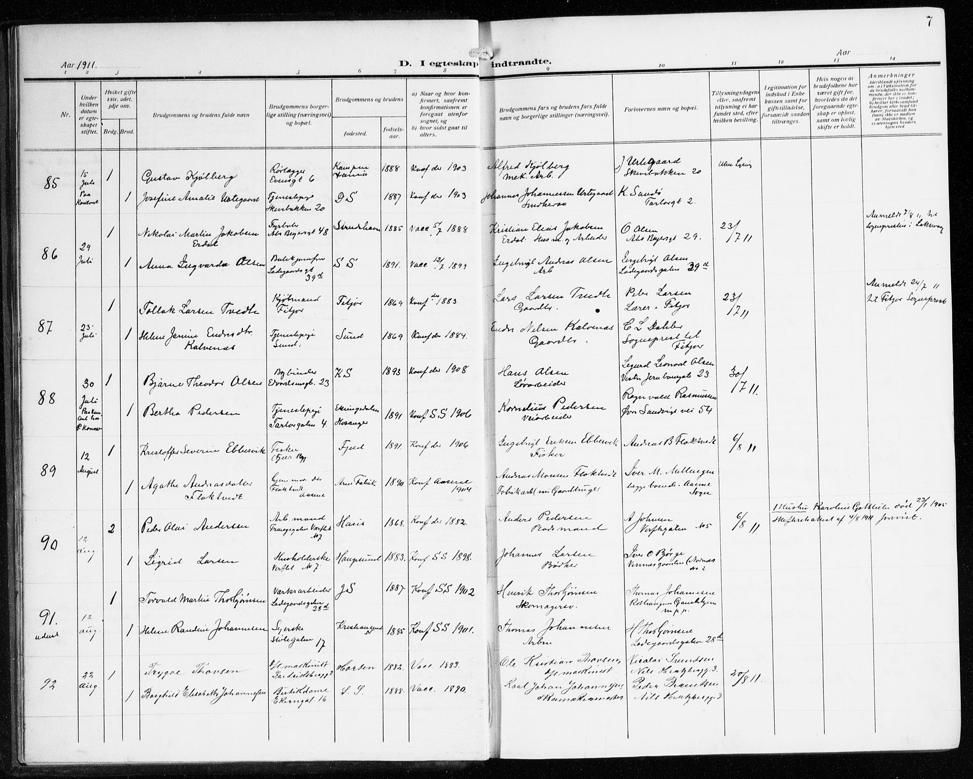 Sandviken Sokneprestembete, AV/SAB-A-77601/H/Ha/L0015: Parish register (official) no. D 2, 1911-1923, p. 7