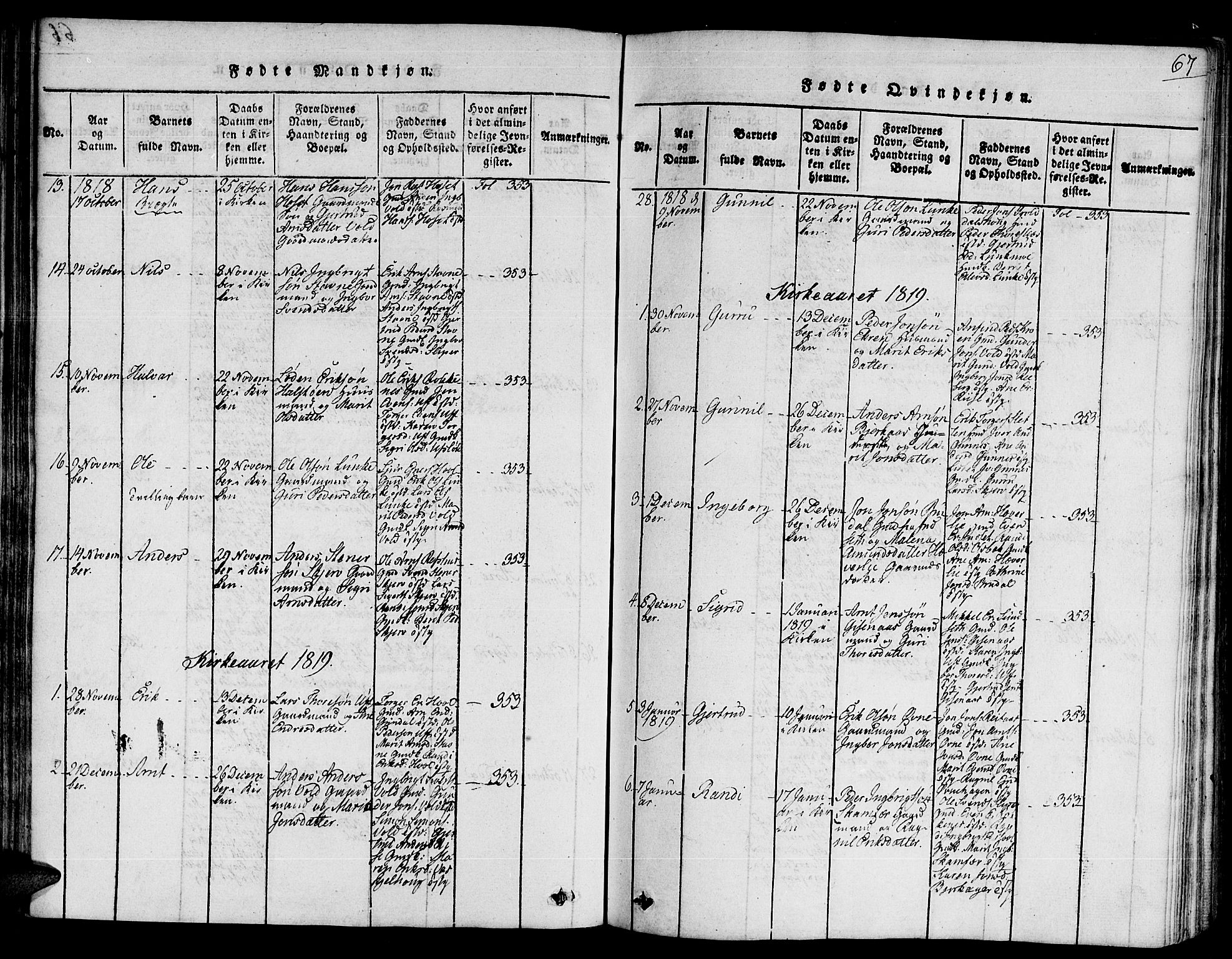 Ministerialprotokoller, klokkerbøker og fødselsregistre - Sør-Trøndelag, SAT/A-1456/672/L0854: Parish register (official) no. 672A06 /2, 1816-1829, p. 67