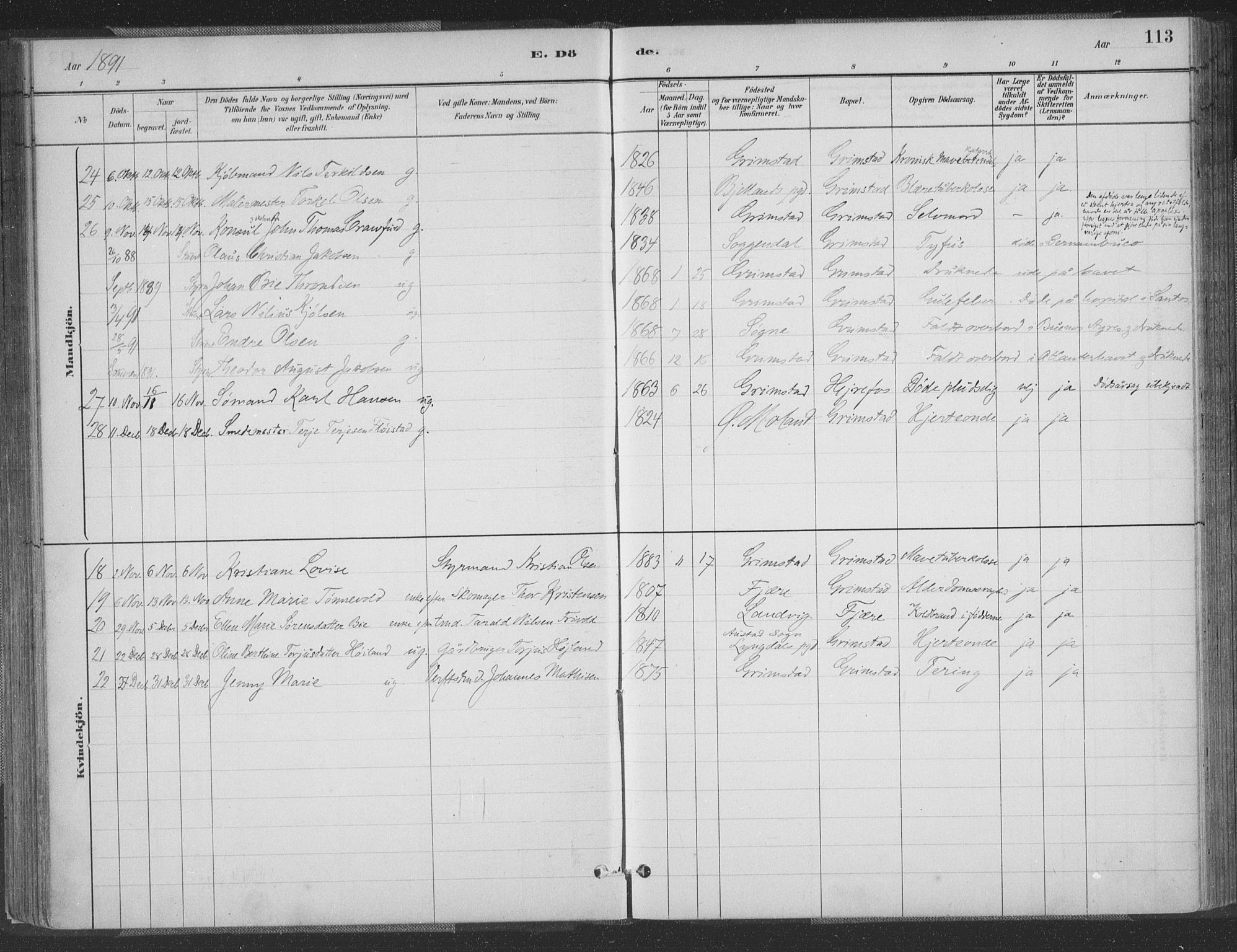 Grimstad sokneprestkontor, AV/SAK-1111-0017/F/Fa/L0004: Parish register (official) no. A 3, 1882-1910, p. 113