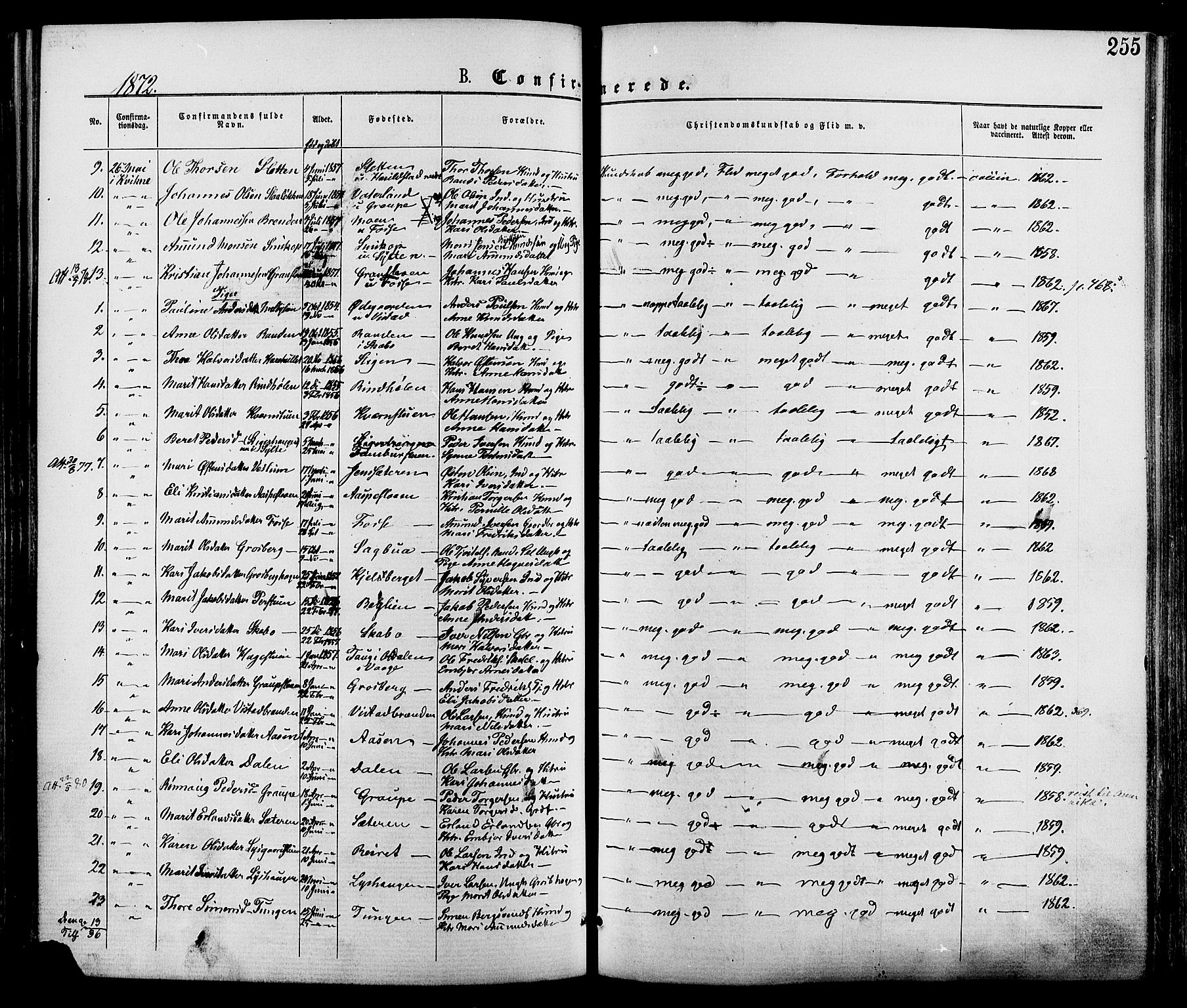 Nord-Fron prestekontor, AV/SAH-PREST-080/H/Ha/Haa/L0002: Parish register (official) no. 2, 1865-1883, p. 255