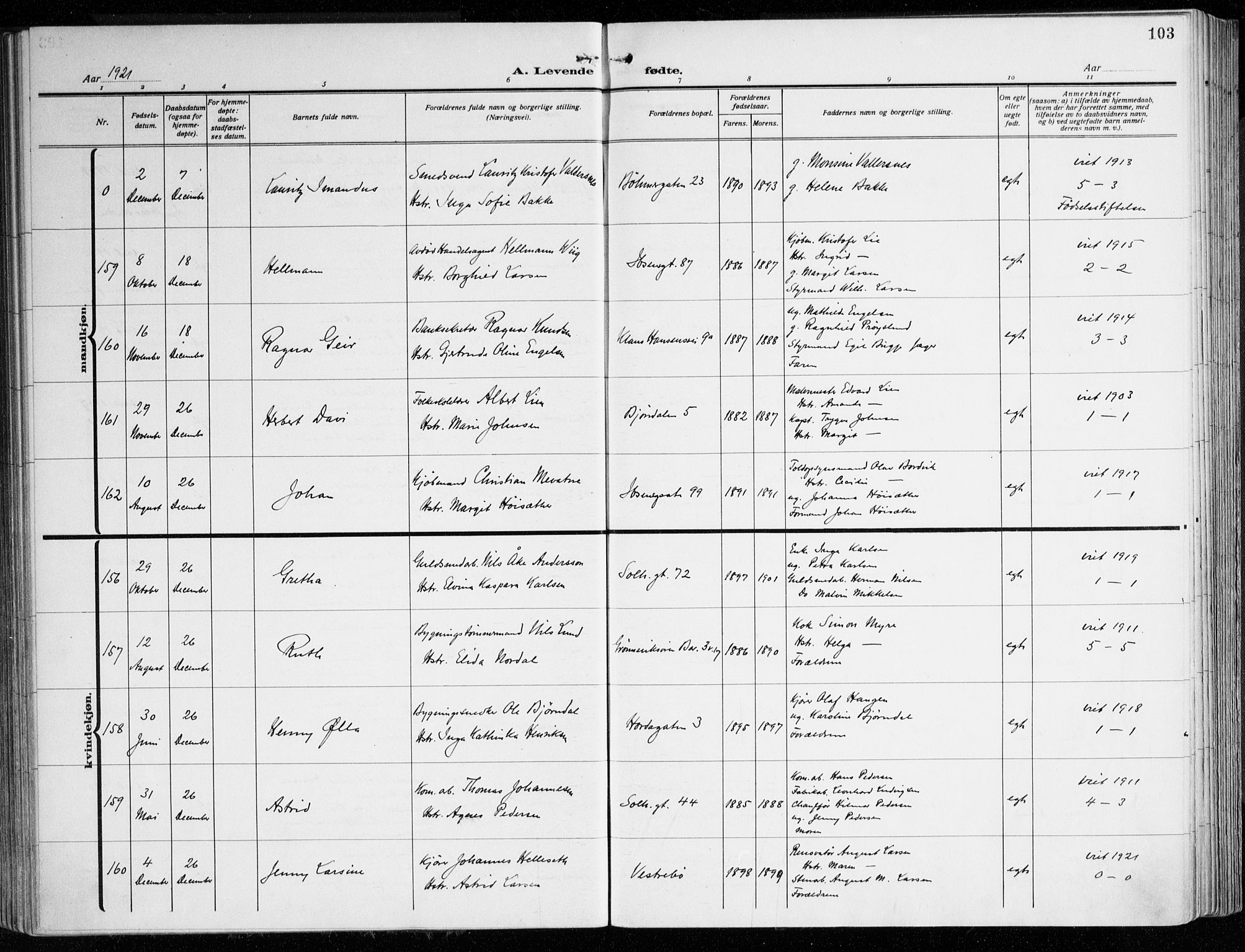 Årstad Sokneprestembete, AV/SAB-A-79301/H/Haa/L0004: Parish register (official) no. A 4, 1919-1928, p. 103