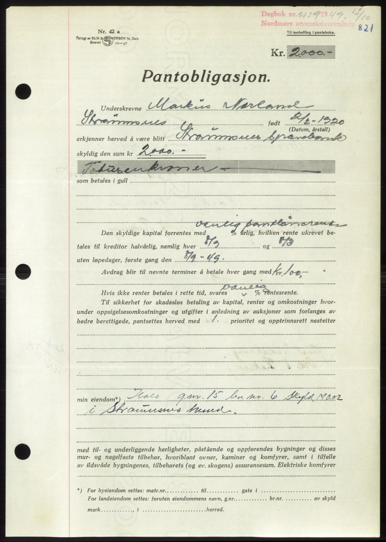 Nordmøre sorenskriveri, AV/SAT-A-4132/1/2/2Ca: Mortgage book no. B102, 1949-1949, Diary no: : 2839/1949