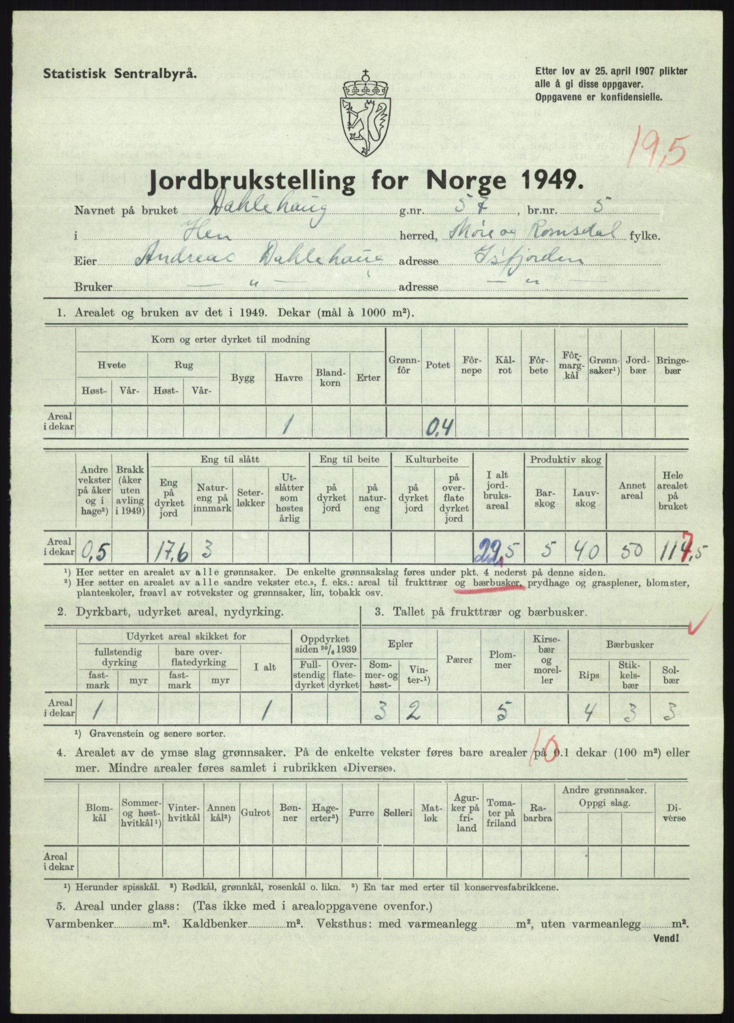 Statistisk sentralbyrå, Næringsøkonomiske emner, Jordbruk, skogbruk, jakt, fiske og fangst, AV/RA-S-2234/G/Gc/L0323: Møre og Romsdal: Grytten og Hen, 1949, p. 645