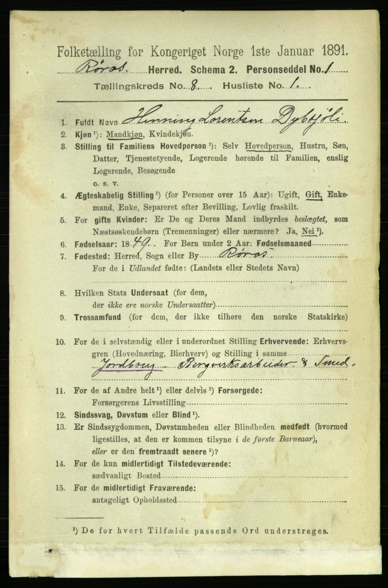 RA, 1891 census for 1640 Røros, 1891, p. 1605