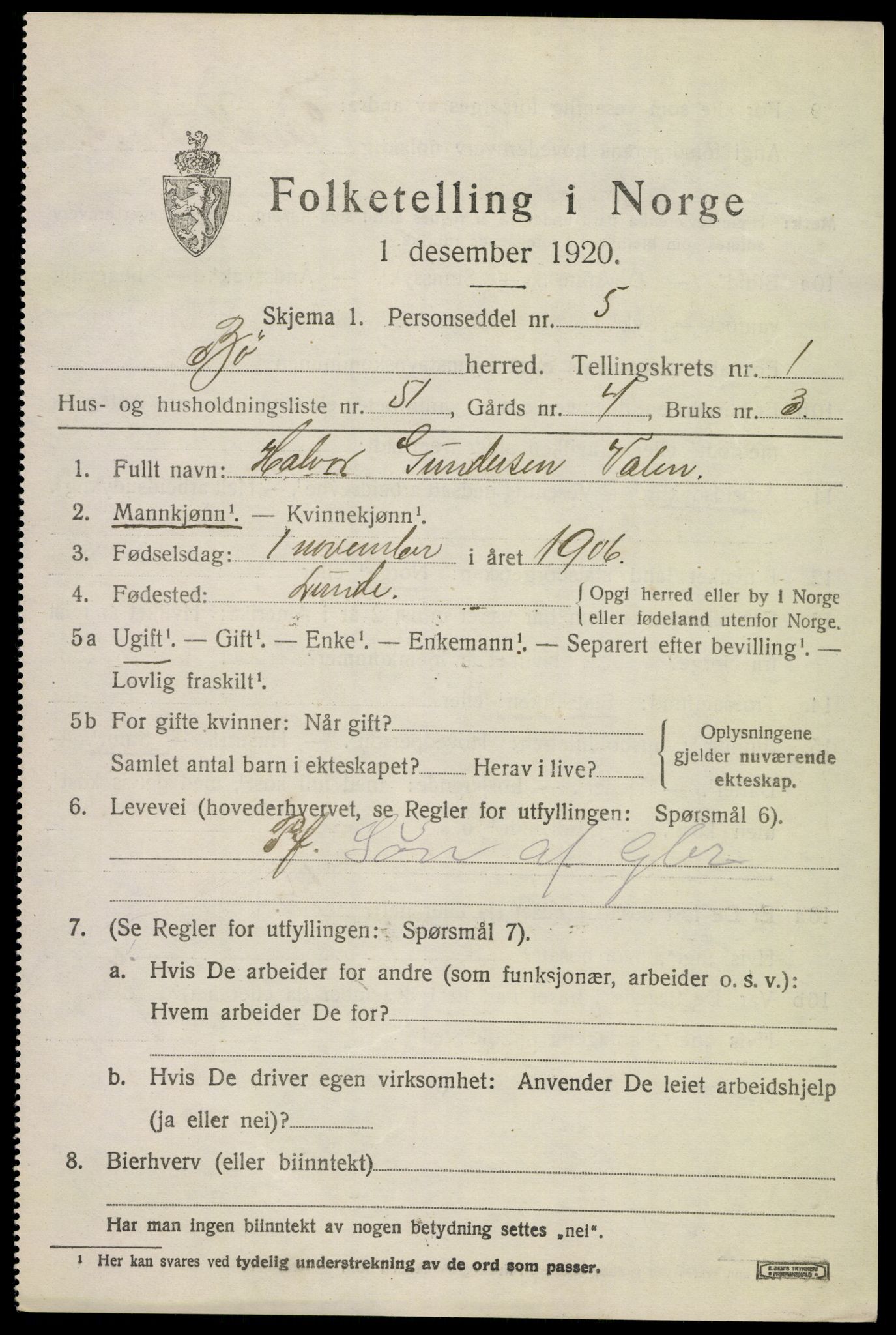 SAKO, 1920 census for Bø (Telemark), 1920, p. 1764