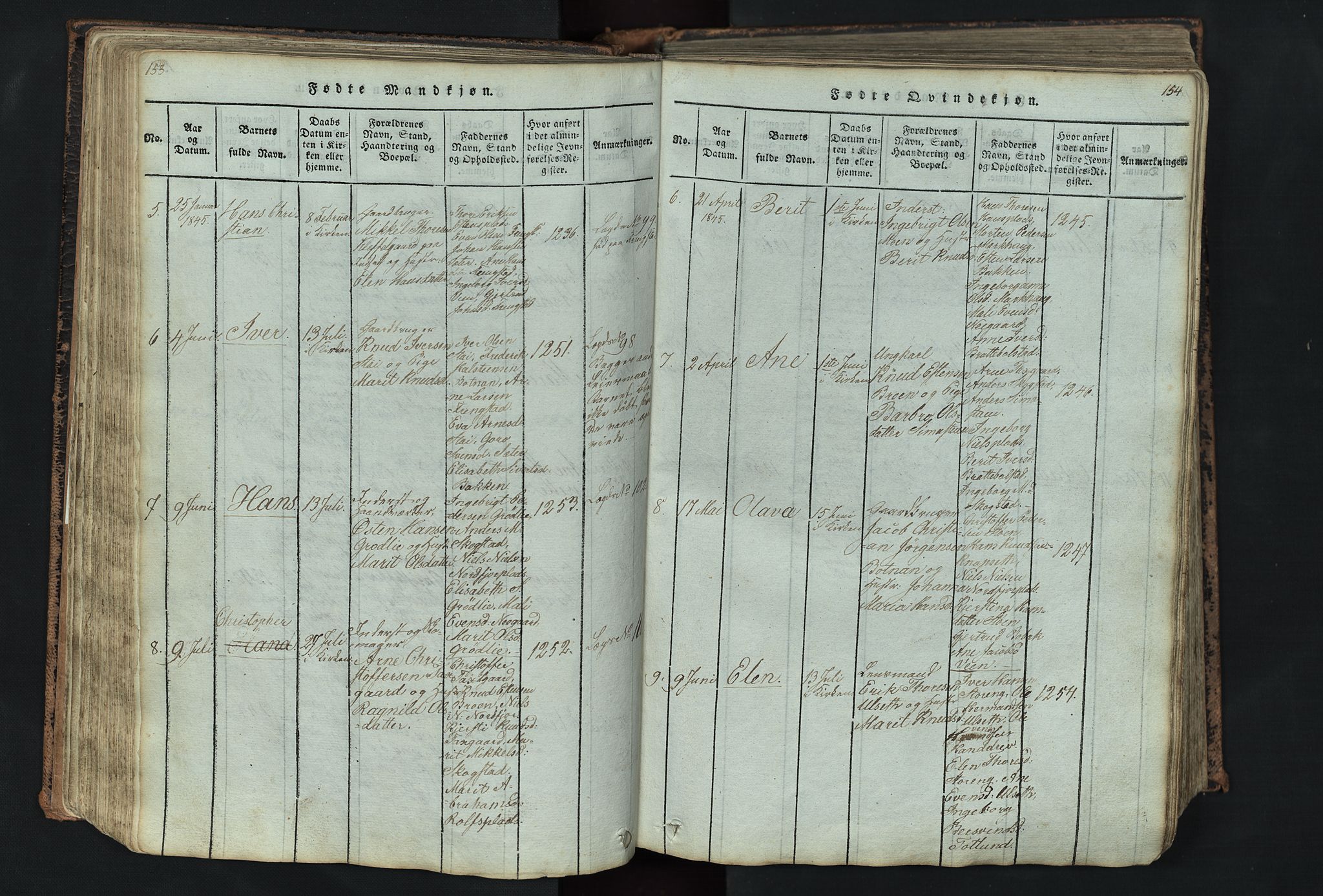 Kvikne prestekontor, SAH/PREST-064/H/Ha/Hab/L0001: Parish register (copy) no. 1, 1815-1895, p. 153-154