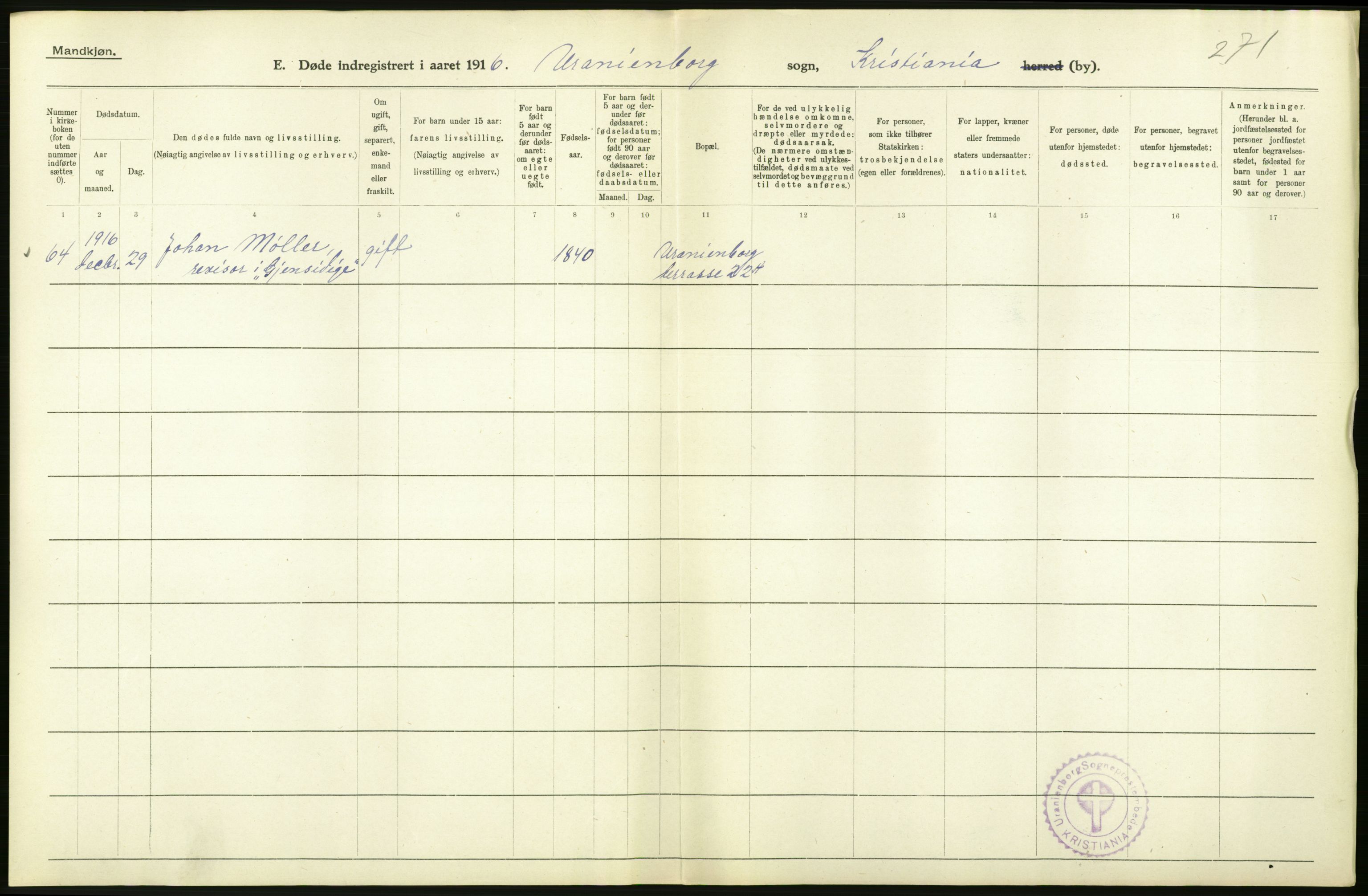 Statistisk sentralbyrå, Sosiodemografiske emner, Befolkning, RA/S-2228/D/Df/Dfb/Dfbf/L0010: Kristiania: Døde, dødfødte., 1916, p. 110