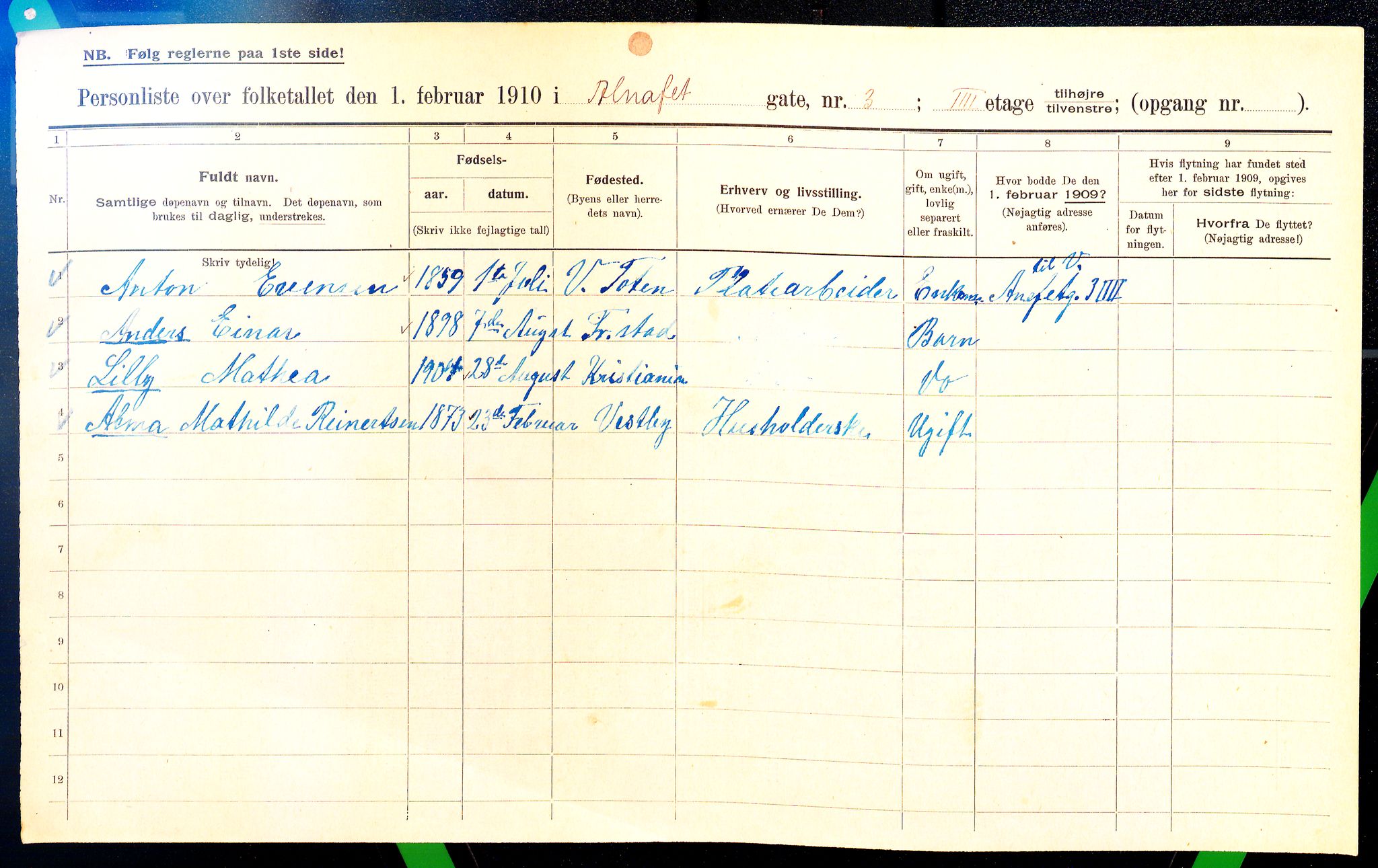 OBA, Municipal Census 1910 for Kristiania, 1910, p. 1045