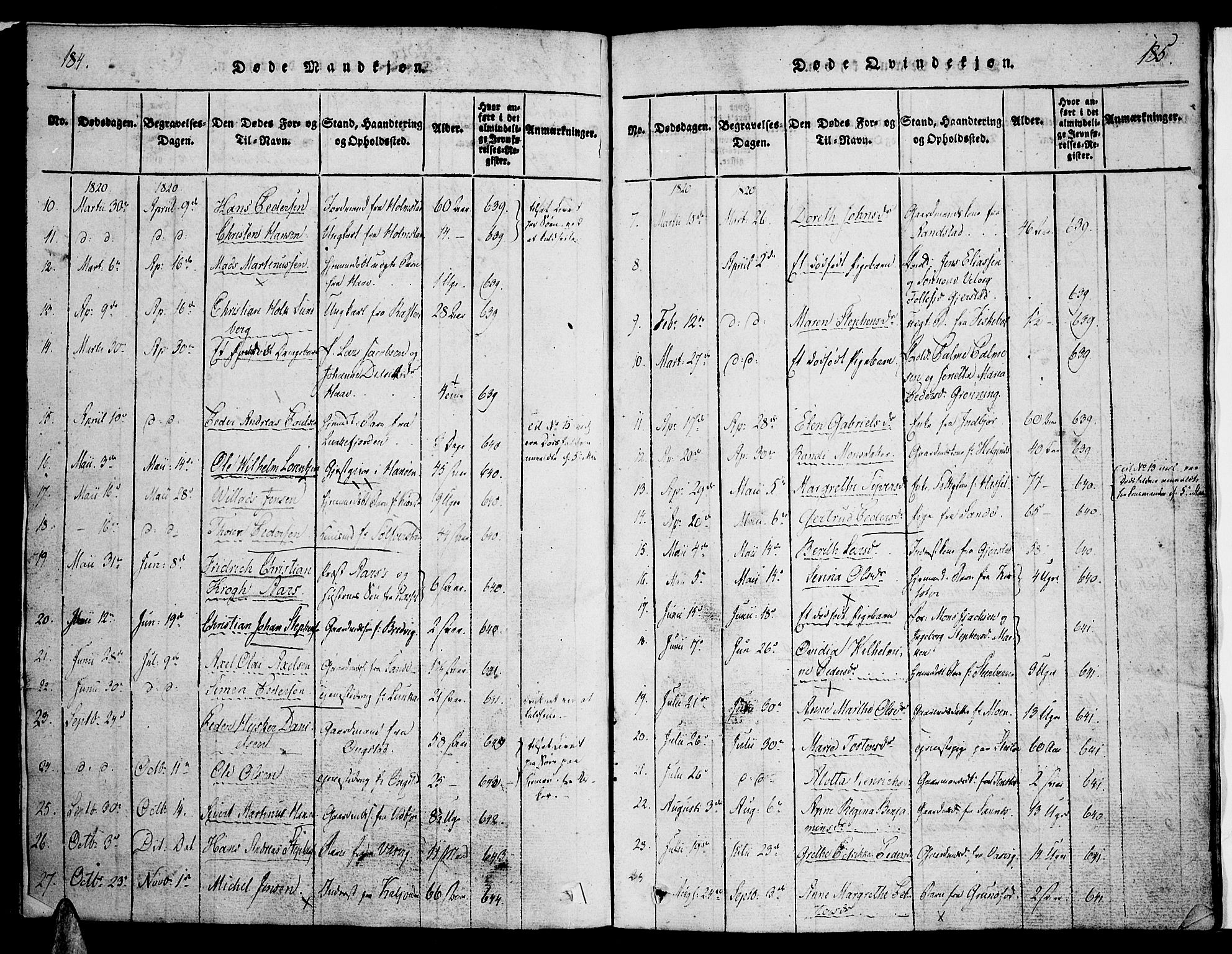 Ministerialprotokoller, klokkerbøker og fødselsregistre - Nordland, AV/SAT-A-1459/888/L1237: Parish register (official) no. 888A05 /1, 1820-1836, p. 184-185