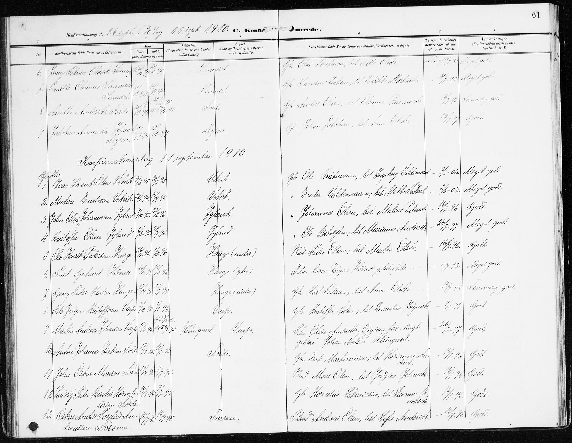Bremanger sokneprestembete, SAB/A-82201/H/Haa/Haac/L0001: Parish register (official) no. C 1, 1908-1921, p. 61