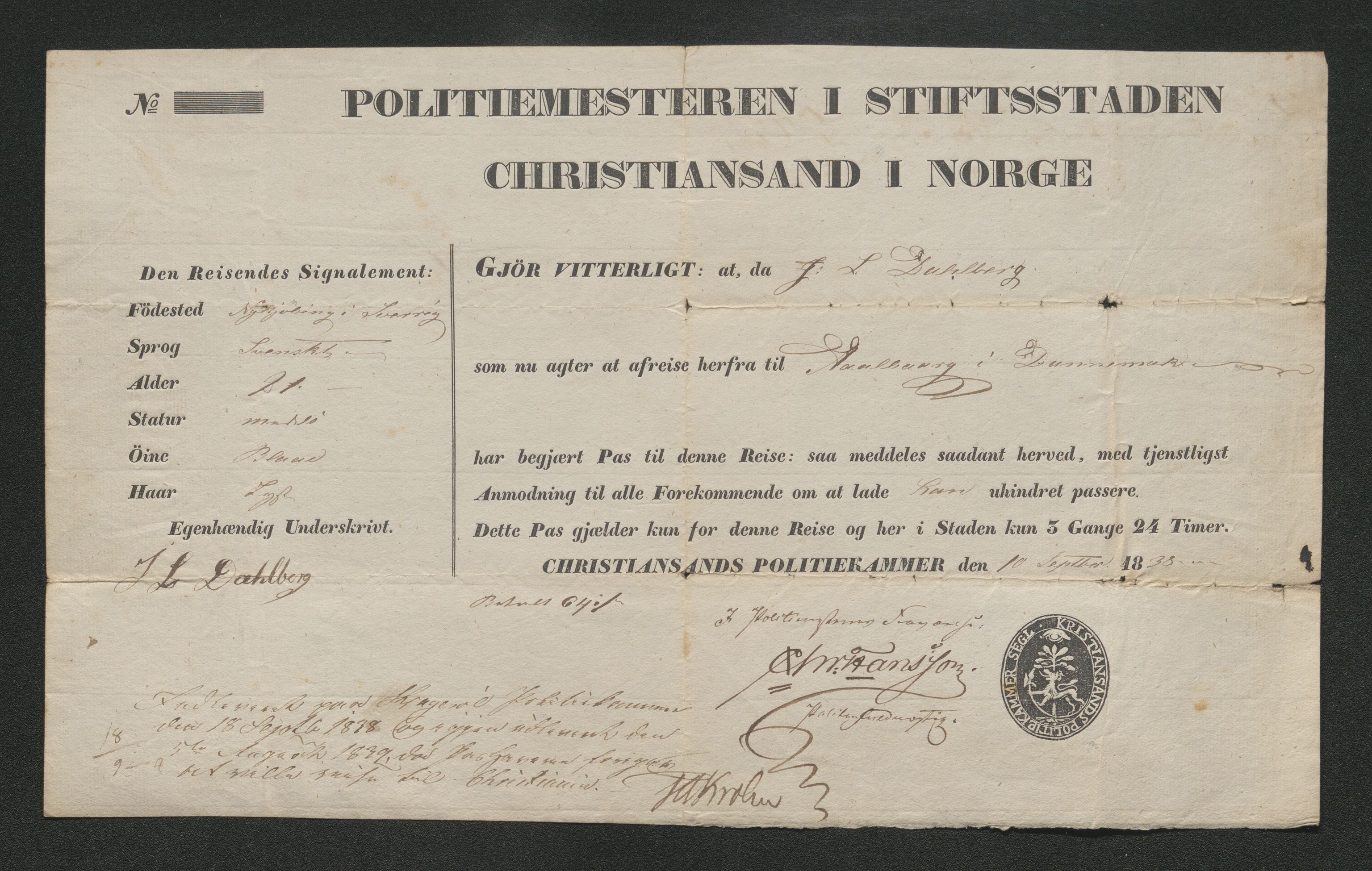 Drammen politikammer, SAKO/A-623/I/Ia/Iab/L0006: Innleverte pass, 1841-1842, p. 71
