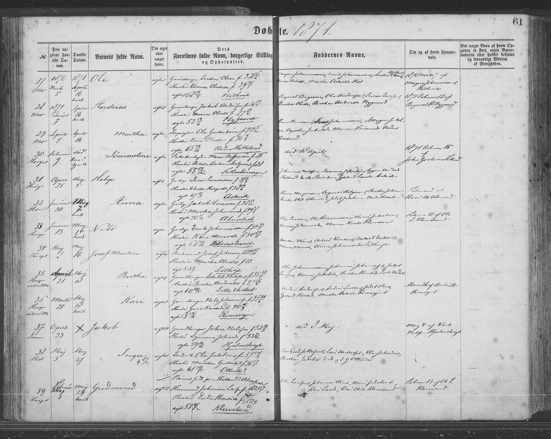 Hosanger sokneprestembete, SAB/A-75801/H/Haa: Parish register (official) no. A 9, 1864-1876, p. 61