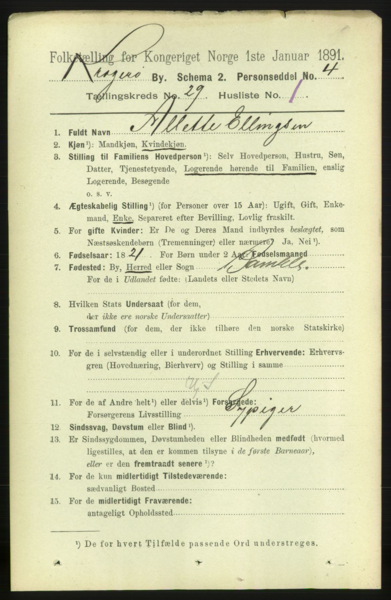 RA, 1891 census for 0801 Kragerø, 1891, p. 5485