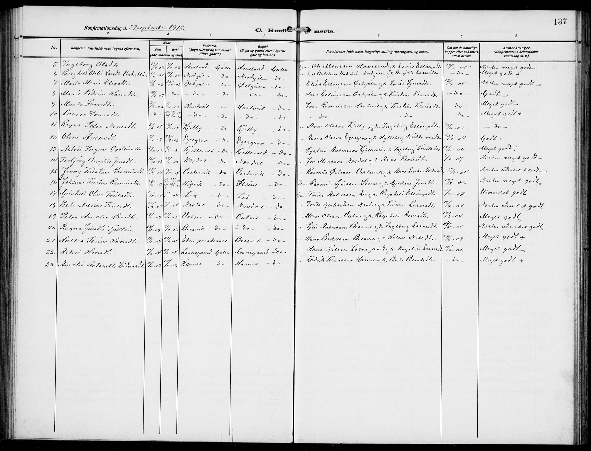 Gulen sokneprestembete, AV/SAB-A-80201/H/Hab/Habb/L0004: Parish register (copy) no. B 4, 1908-1936, p. 137