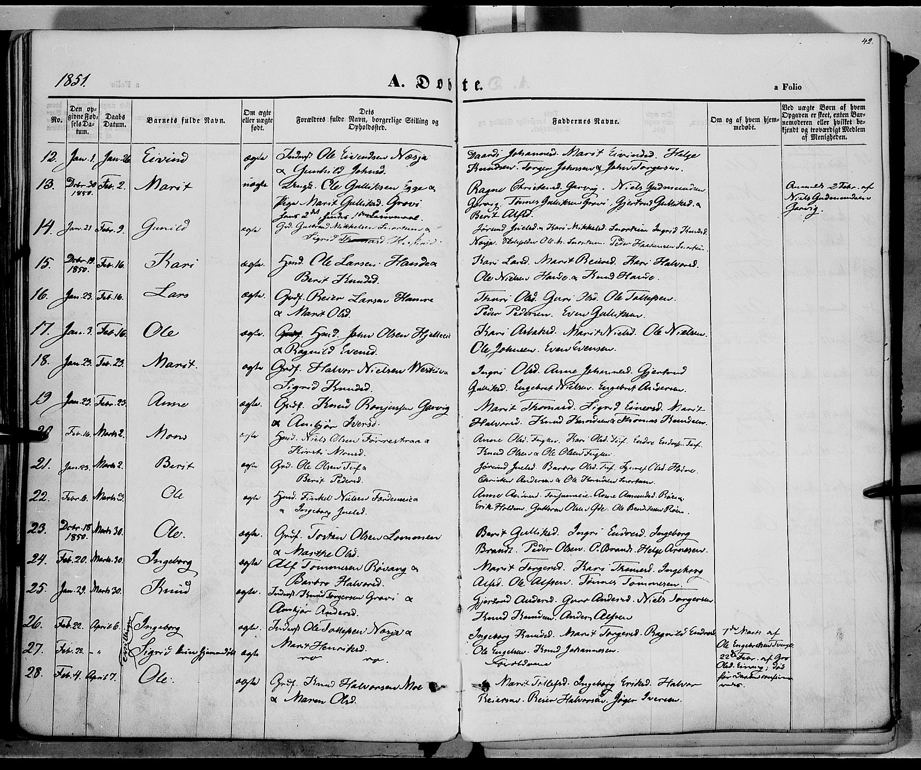Vestre Slidre prestekontor, SAH/PREST-136/H/Ha/Haa/L0001: Parish register (official) no. 1, 1844-1855, p. 42