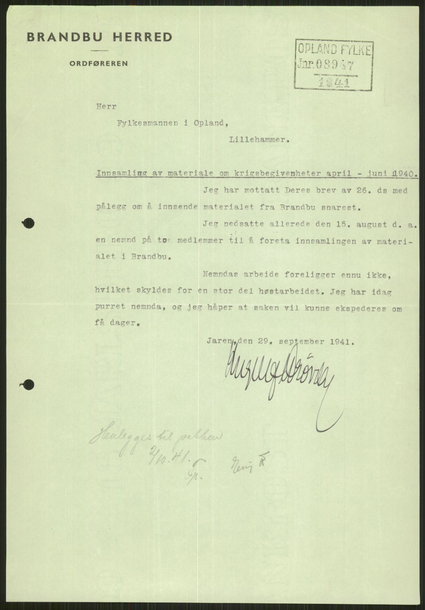 Forsvaret, Forsvarets krigshistoriske avdeling, AV/RA-RAFA-2017/Y/Ya/L0014: II-C-11-31 - Fylkesmenn.  Rapporter om krigsbegivenhetene 1940., 1940, p. 139