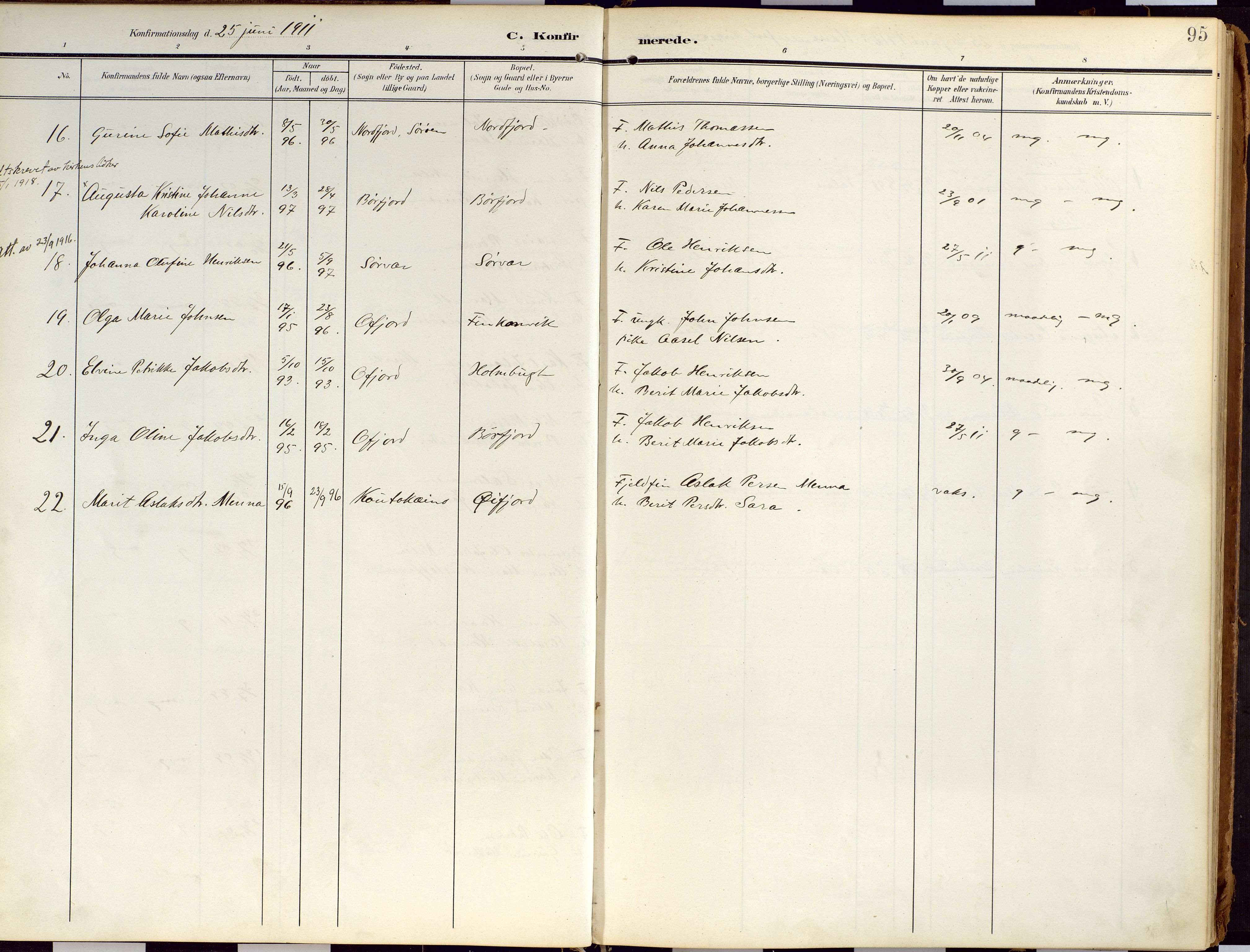 Loppa sokneprestkontor, AV/SATØ-S-1339/H/Ha/L0010kirke: Parish register (official) no. 10, 1907-1922, p. 95