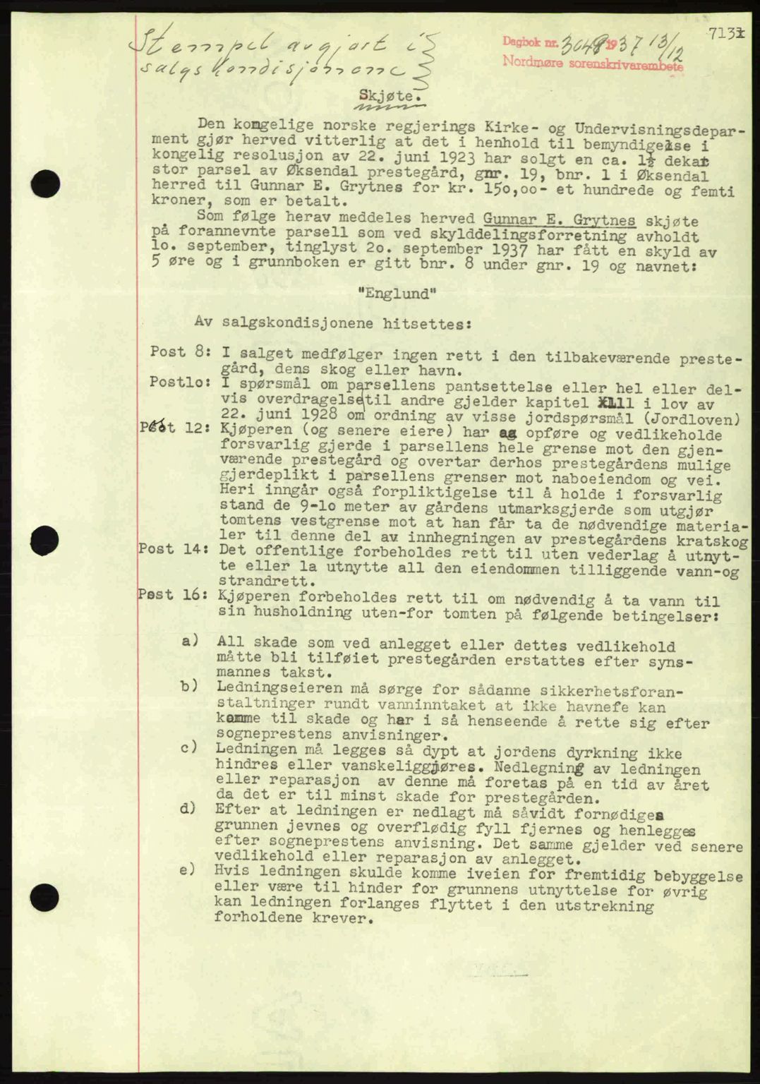 Nordmøre sorenskriveri, AV/SAT-A-4132/1/2/2Ca: Mortgage book no. A82, 1937-1938, Diary no: : 3048/1937