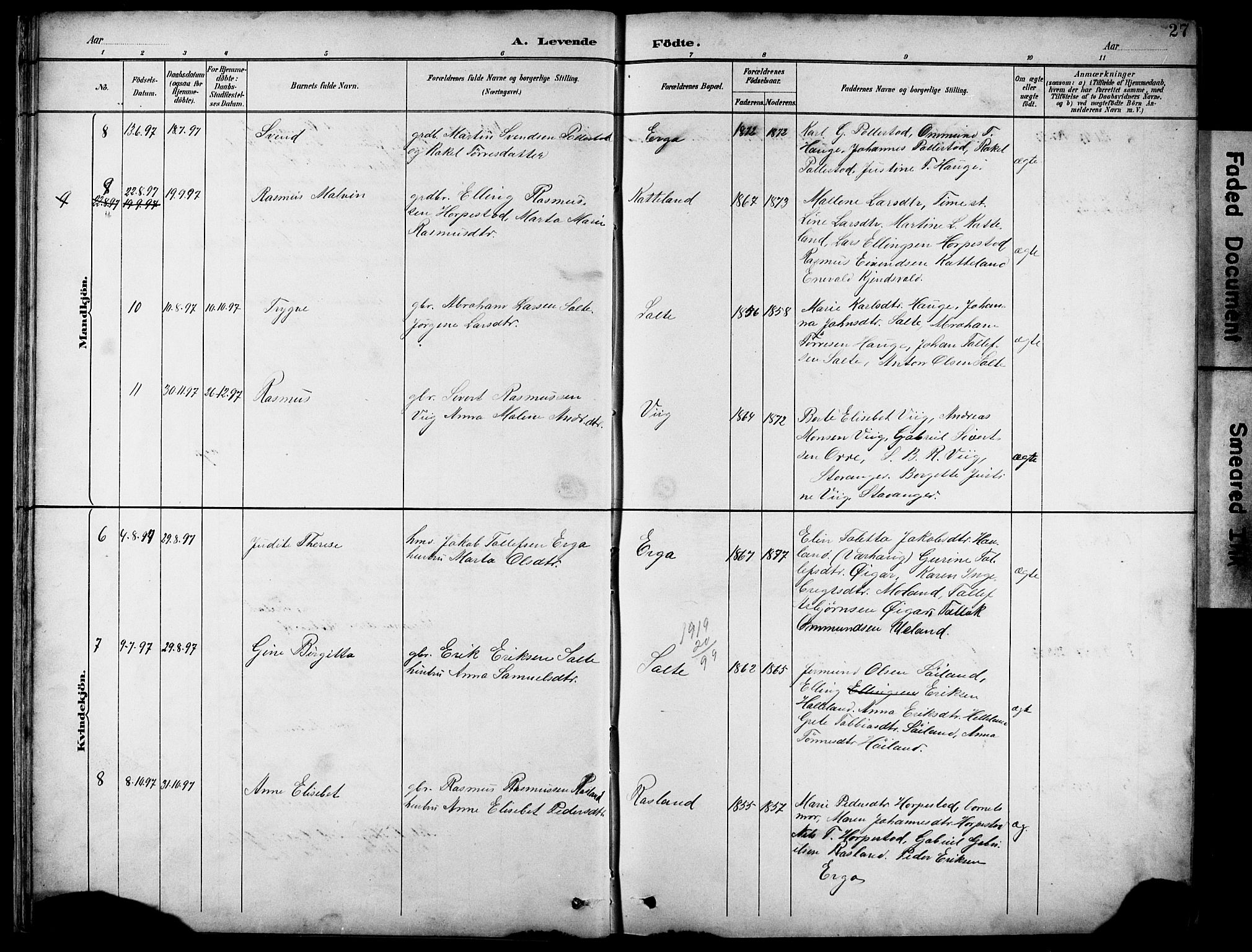 Klepp sokneprestkontor, AV/SAST-A-101803/001/3/30BB/L0005: Parish register (copy) no. B 5, 1889-1918, p. 27