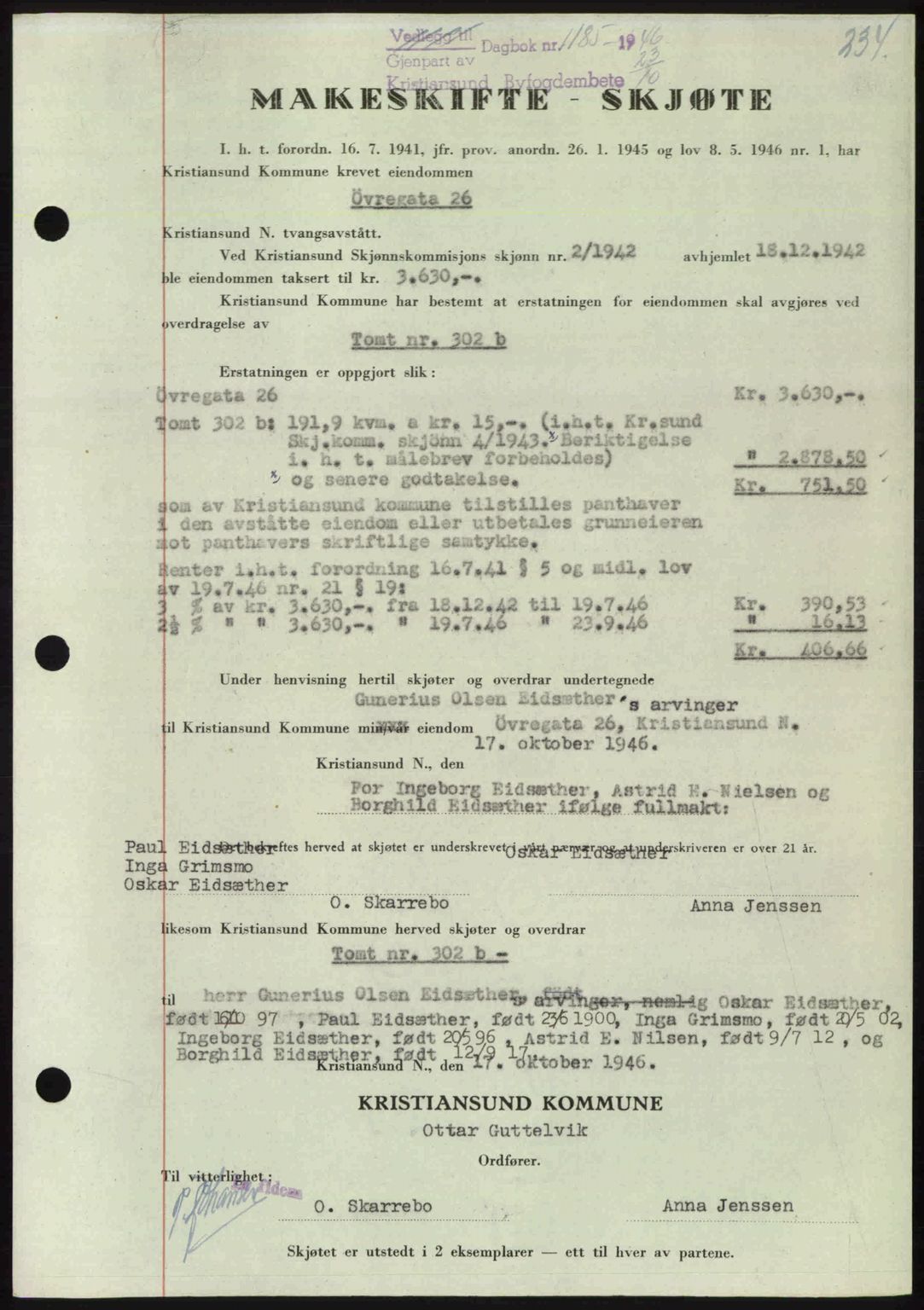 Kristiansund byfogd, AV/SAT-A-4587/A/27: Mortgage book no. 39b, 1946-1947, Diary no: : 1185/1946