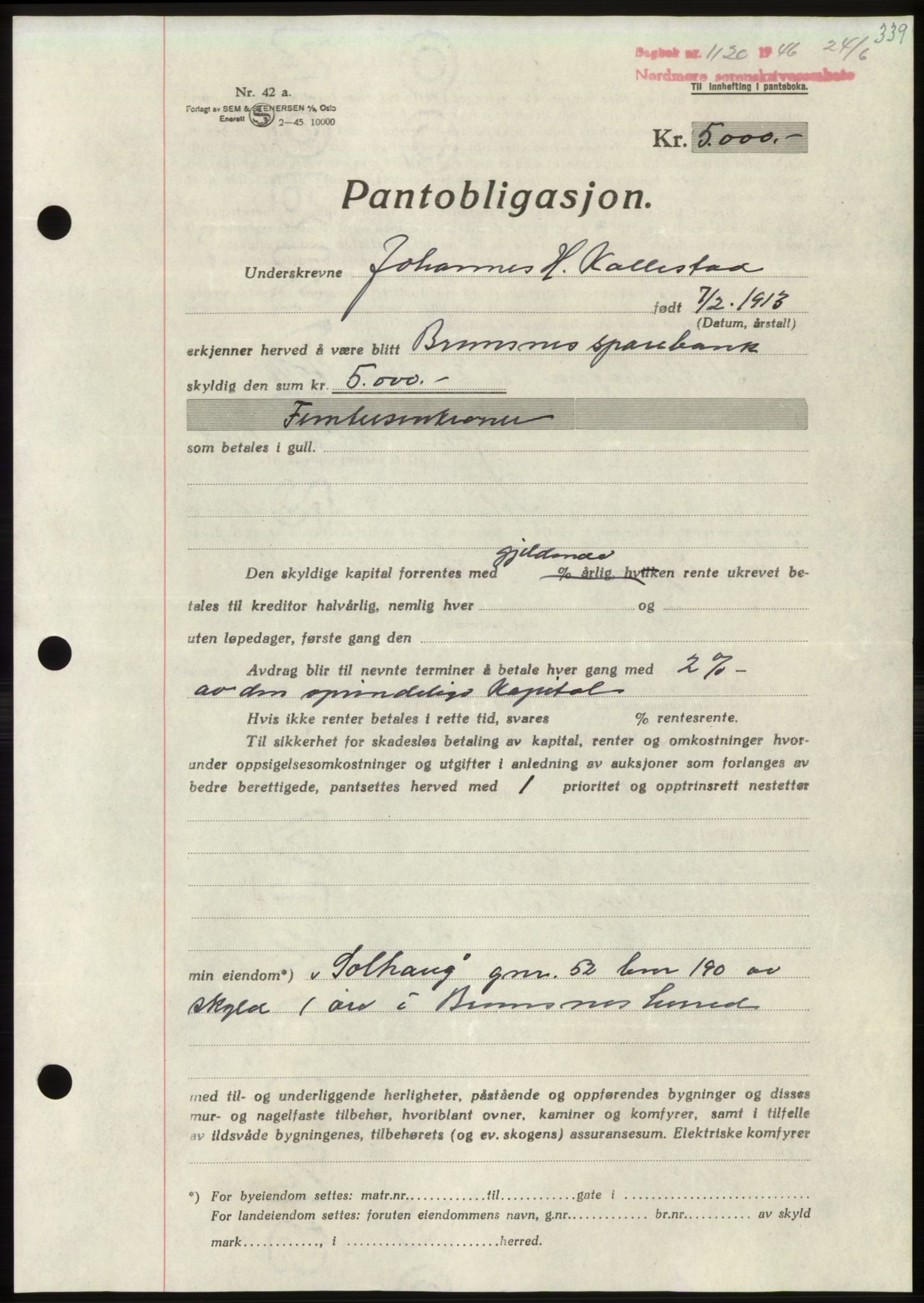 Nordmøre sorenskriveri, AV/SAT-A-4132/1/2/2Ca: Mortgage book no. B94, 1946-1946, Diary no: : 1120/1946