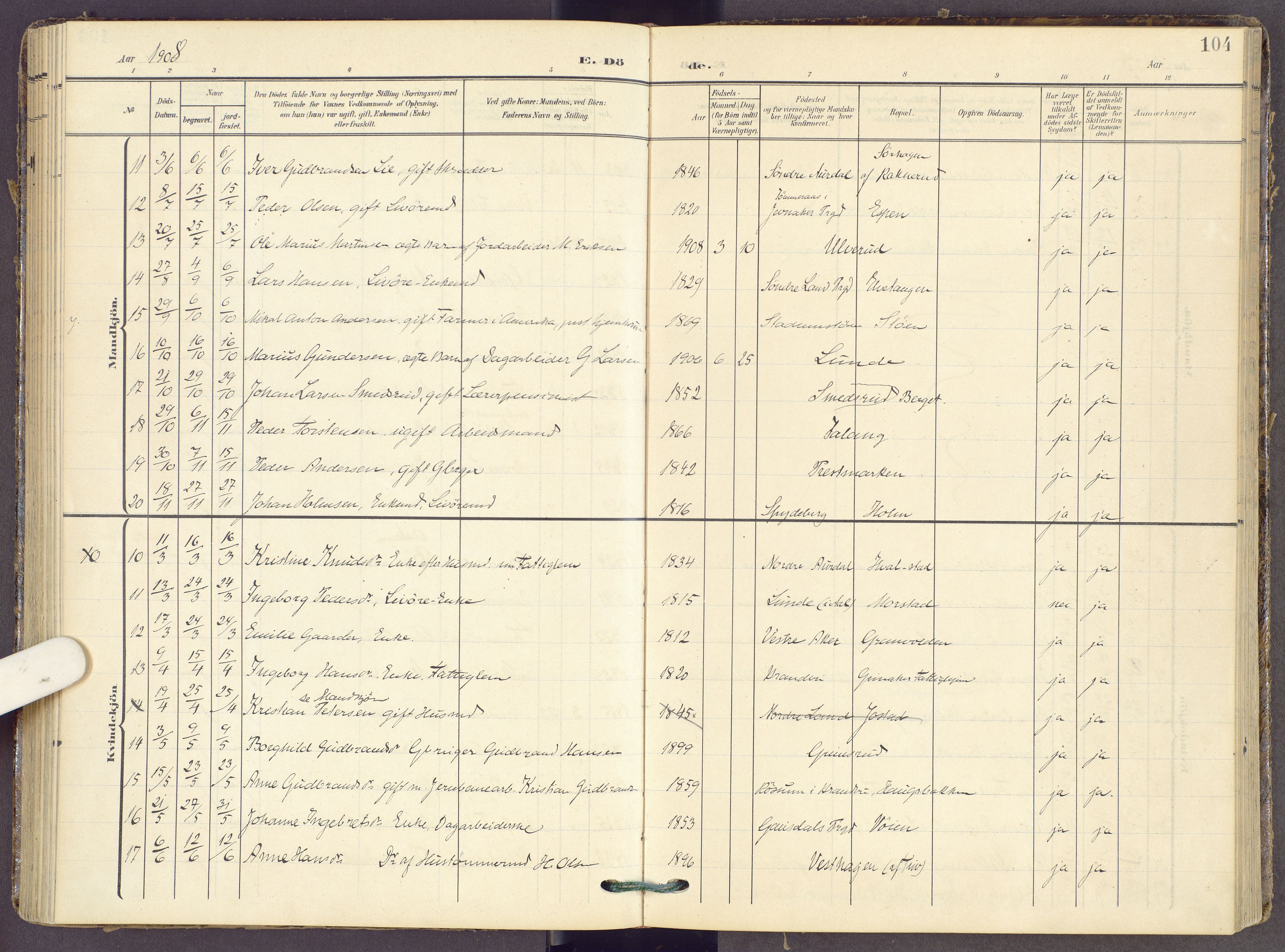 Gran prestekontor, SAH/PREST-112/H/Ha/Haa/L0022: Parish register (official) no. 22, 1908-1918, p. 104
